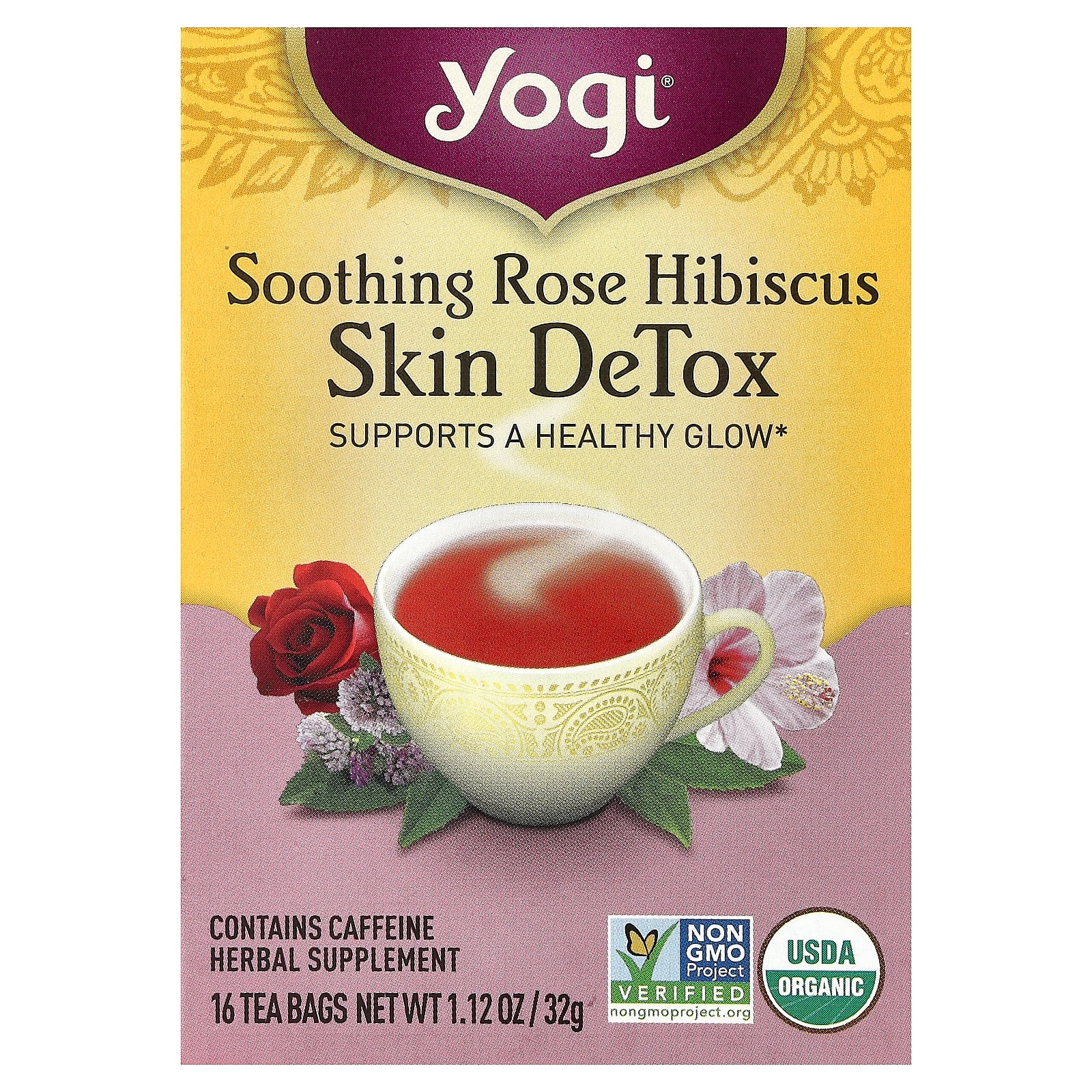 Yogi Tea, Skin DeTox, Soothing Rose Hibiscus, 16 Tea Bags, 1.12 oz (32 g) - Image 1