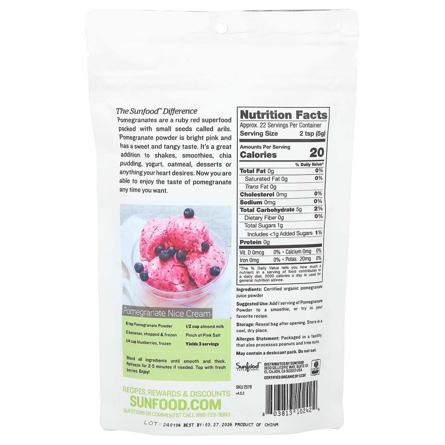 Sunfood, Raw Organic Pomegranate Powder, 4 oz (113 g) - Image 2