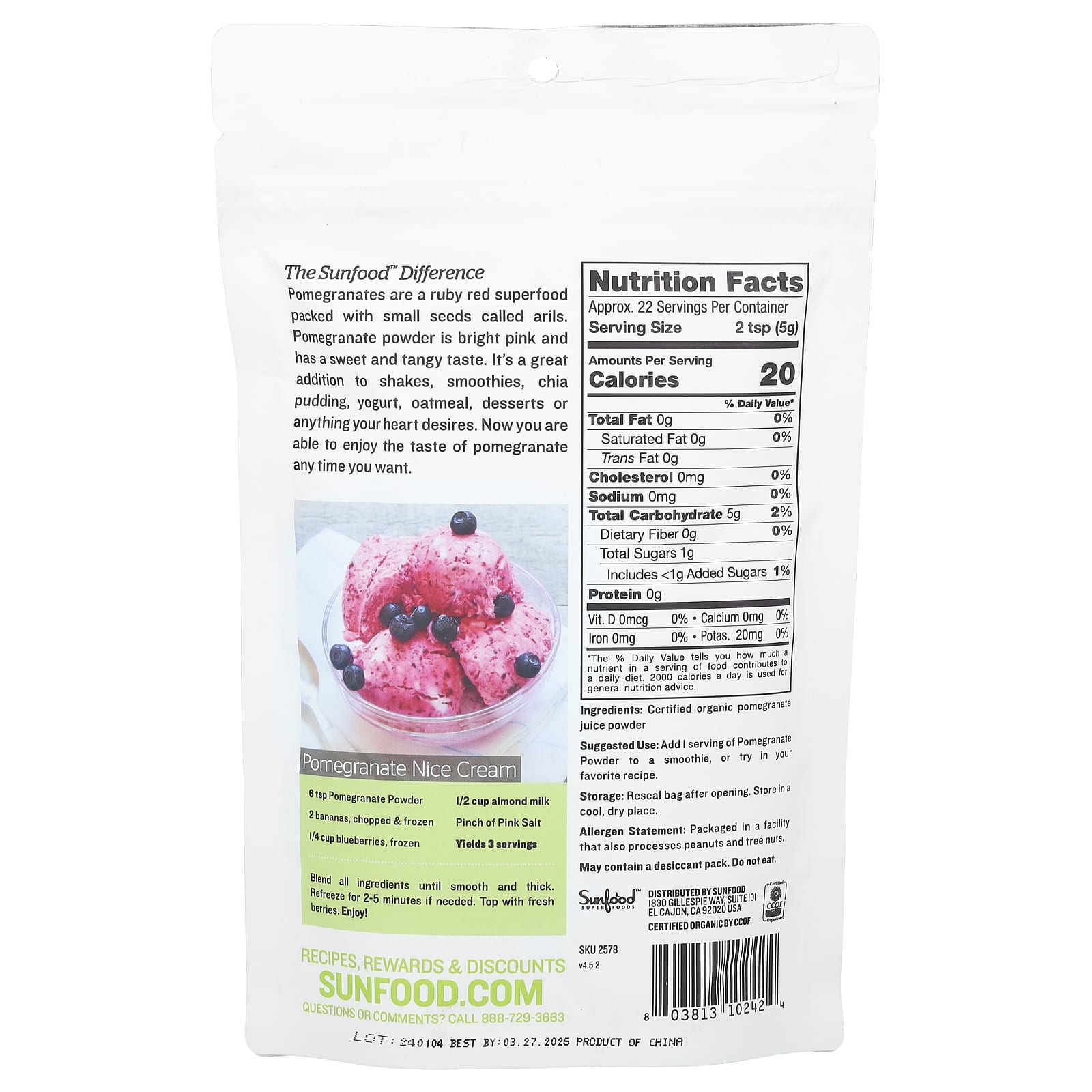 Sunfood, Raw Organic Pomegranate Powder, 4 oz (113 g) - Image 2