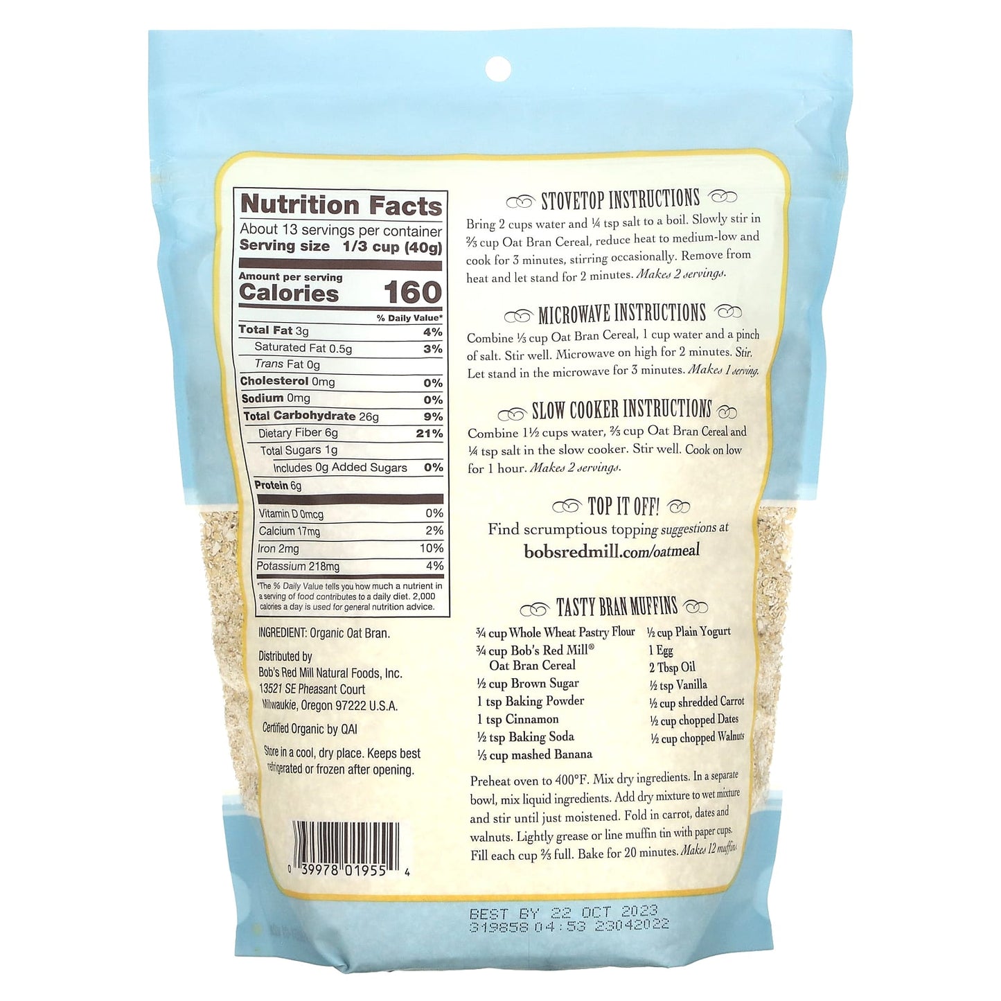 Bob's Red Mill Organic High Fiber Oat Bran Cereal, 18 oz - USDA Organic, Non-GMO - Image 2