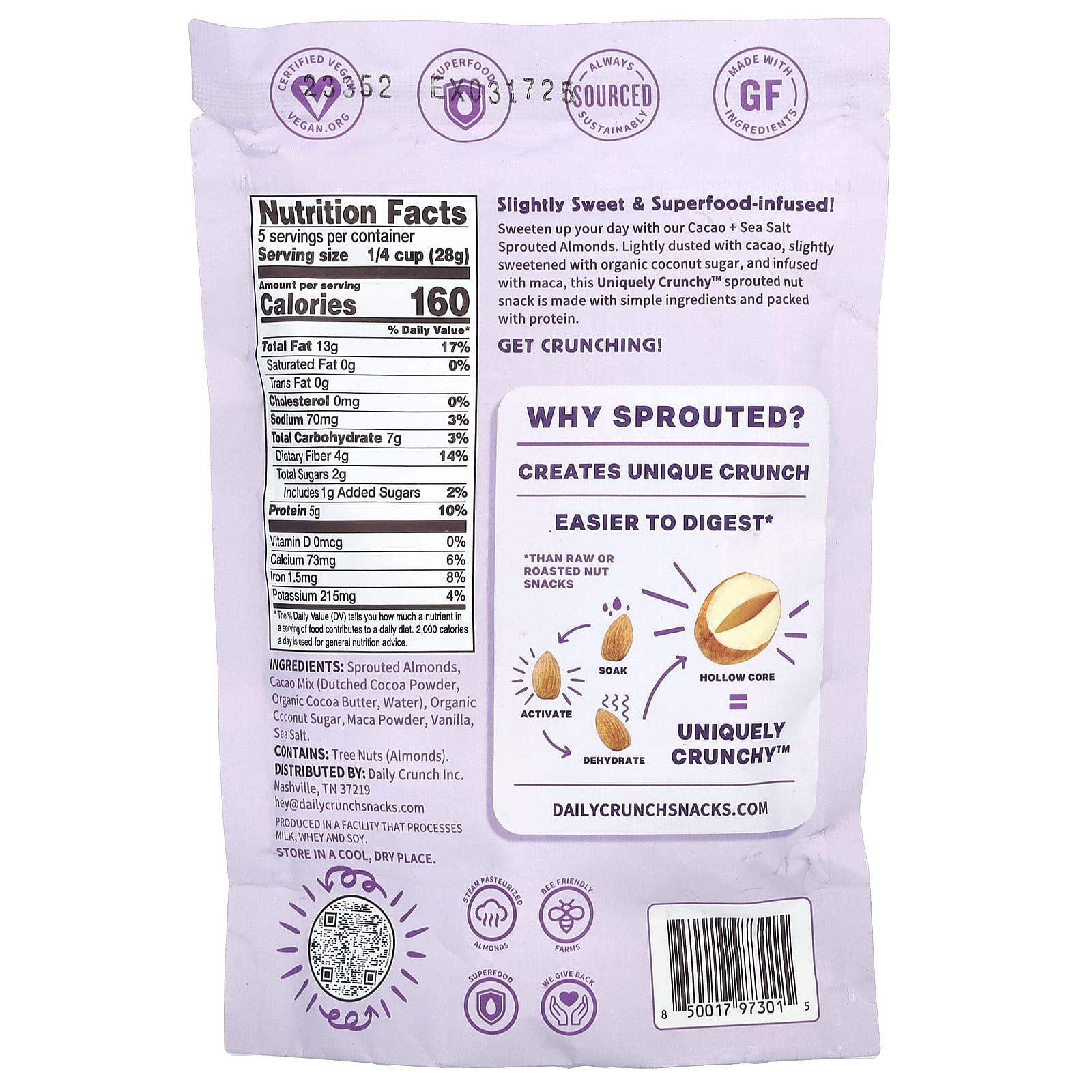 Daily Crunch, Sprouted Almonds, Cacao + Sea Salt, 5 oz (141 g)