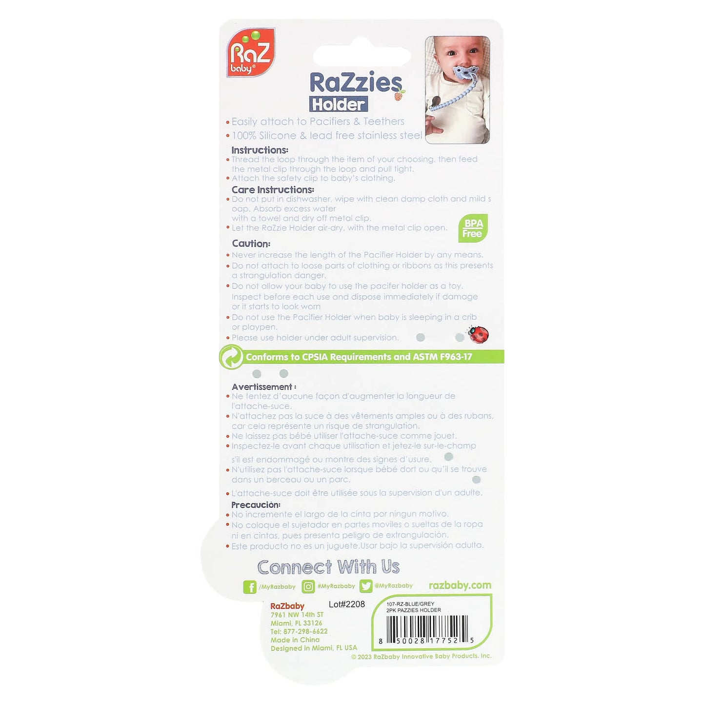 RaZbaby, RaZzies Pacifier Holder, 0m+, Blue/Grey, 2 Holders - Image 2