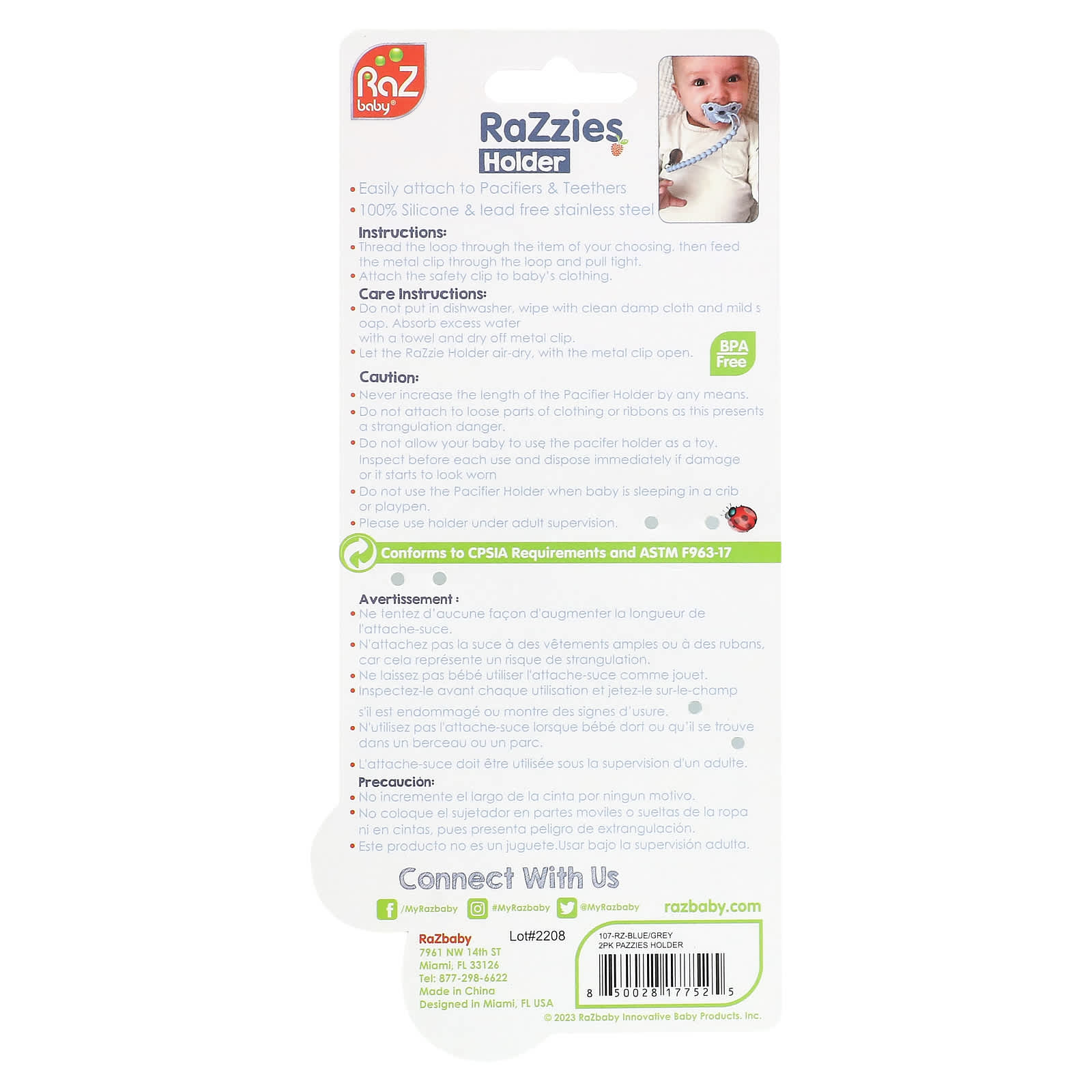 RaZbaby, RaZzies Pacifier Holder, 0m+, Blue/Grey, 2 Holders - Image 2