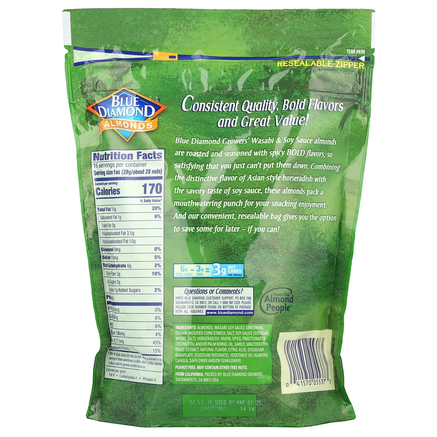 Wasabi & Soy Sauce Almonds, Bold Snacking Delight, 16 oz Resealable Bag - Image 2