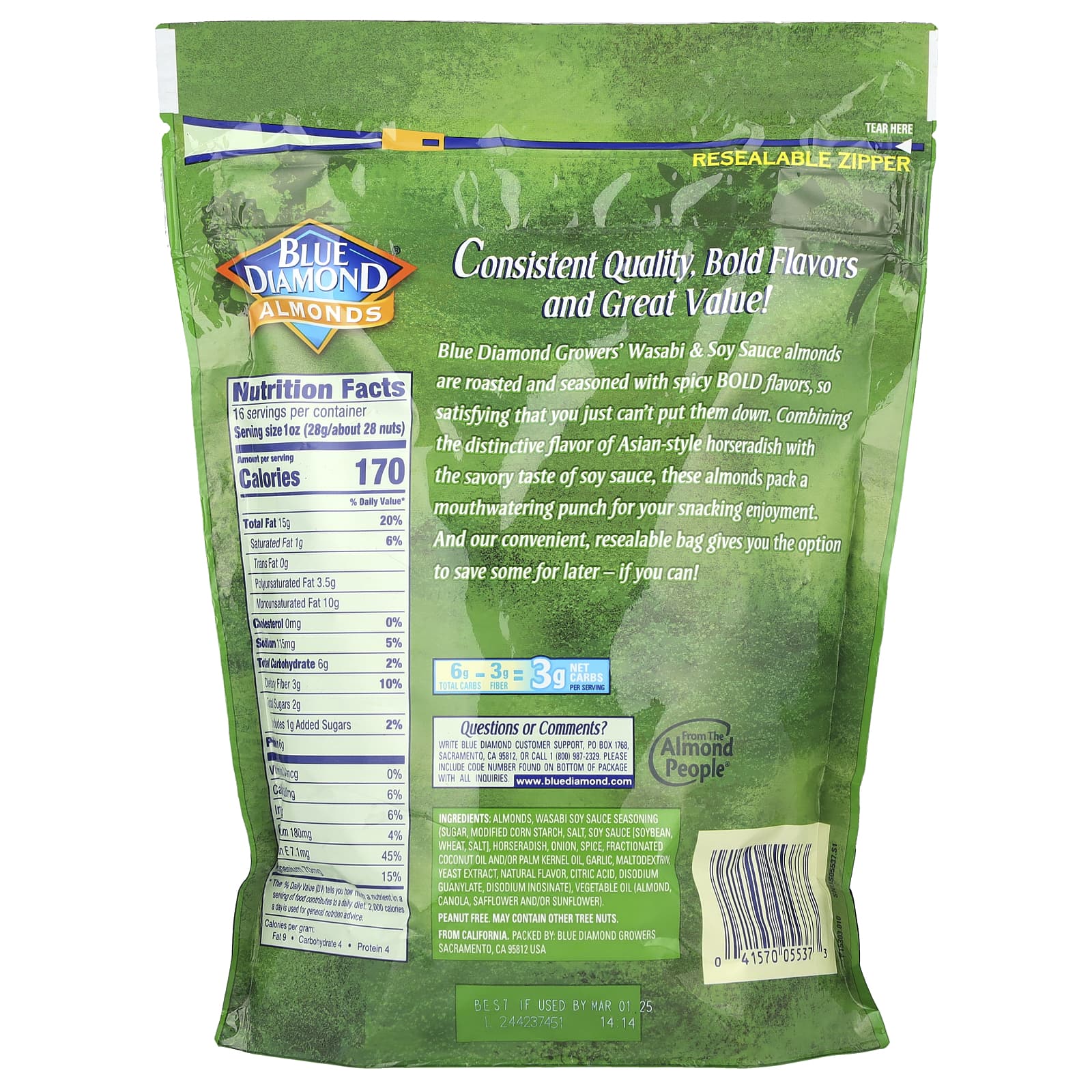 Wasabi & Soy Sauce Almonds, Bold Snacking Delight, 16 oz Resealable Bag - Image 2