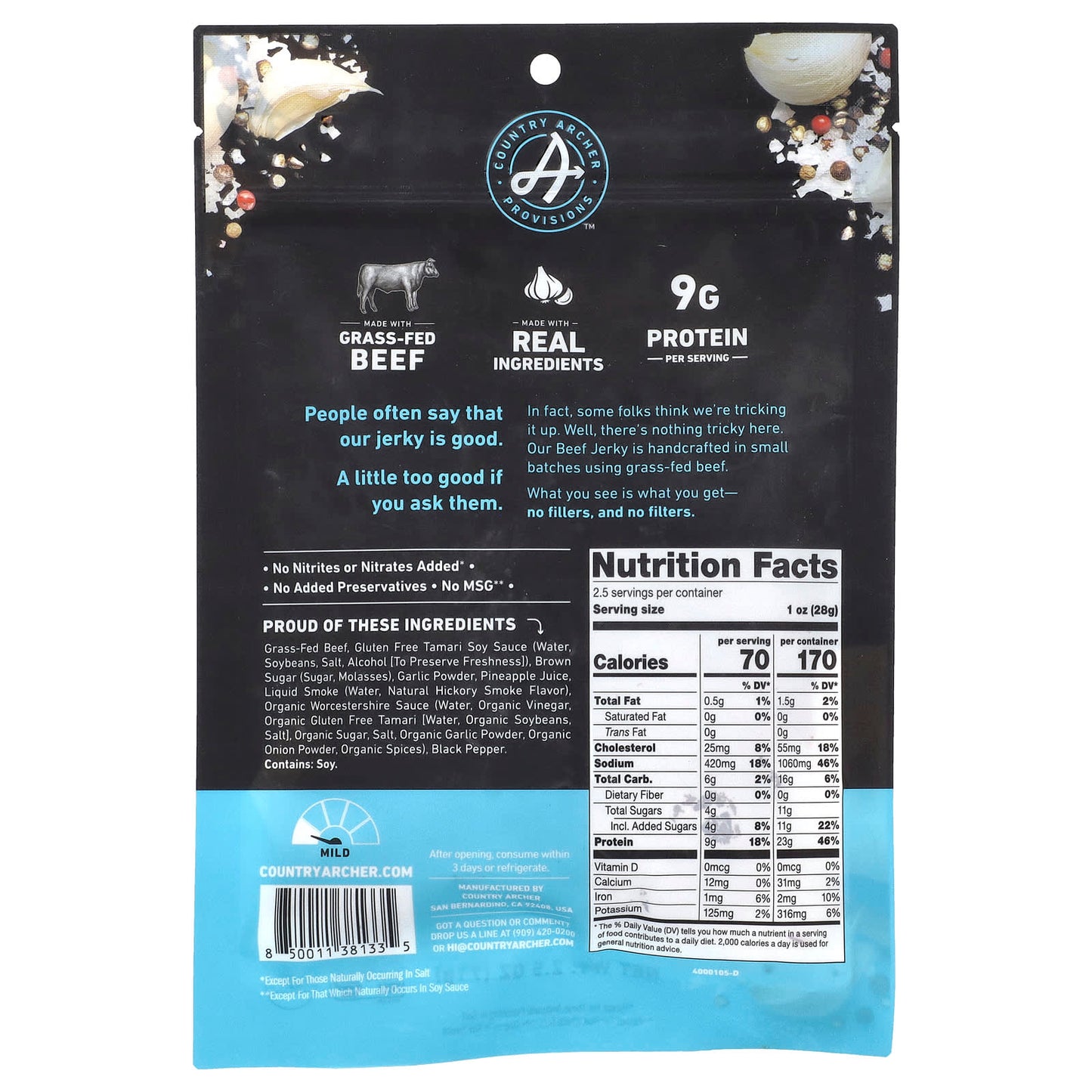 Grass-Fed Beef Jerky by Country Archer Jerky, 2.5 oz (71g) - Gluten-Free & Nitrate-Free - Image 2