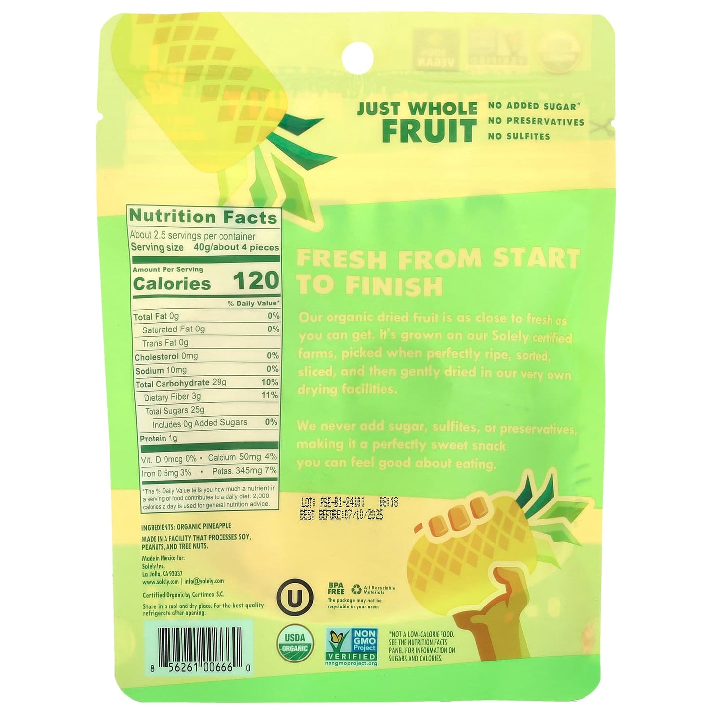Solely, Organic Dried Fruit, Pineapple Rings, 3.5 oz (100 g) - Image 2