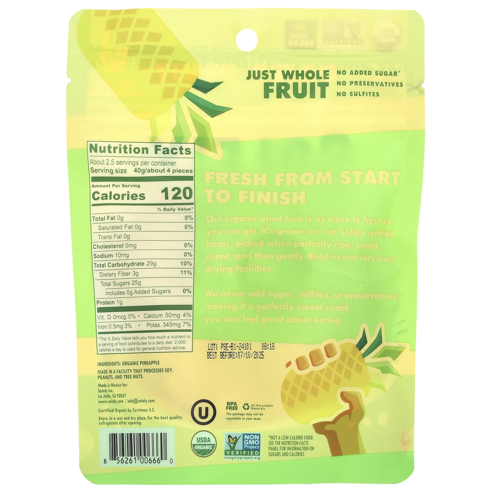 Solely, Organic Dried Fruit, Pineapple Rings, 3.5 oz (100 g) - Image 2