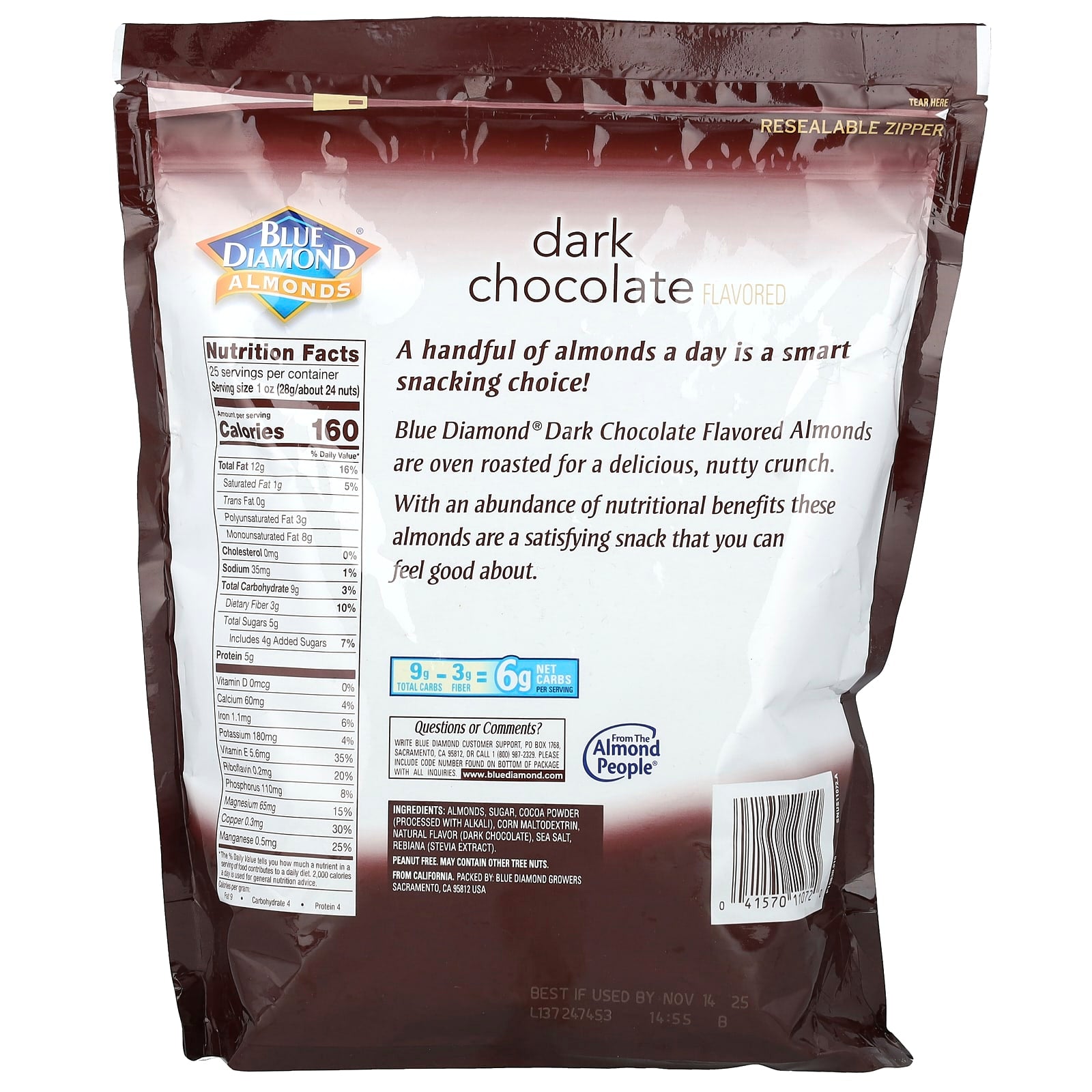 Dark Chocolate Almonds, Oven Roasted, Healthy Snack, 25 oz - Image 2