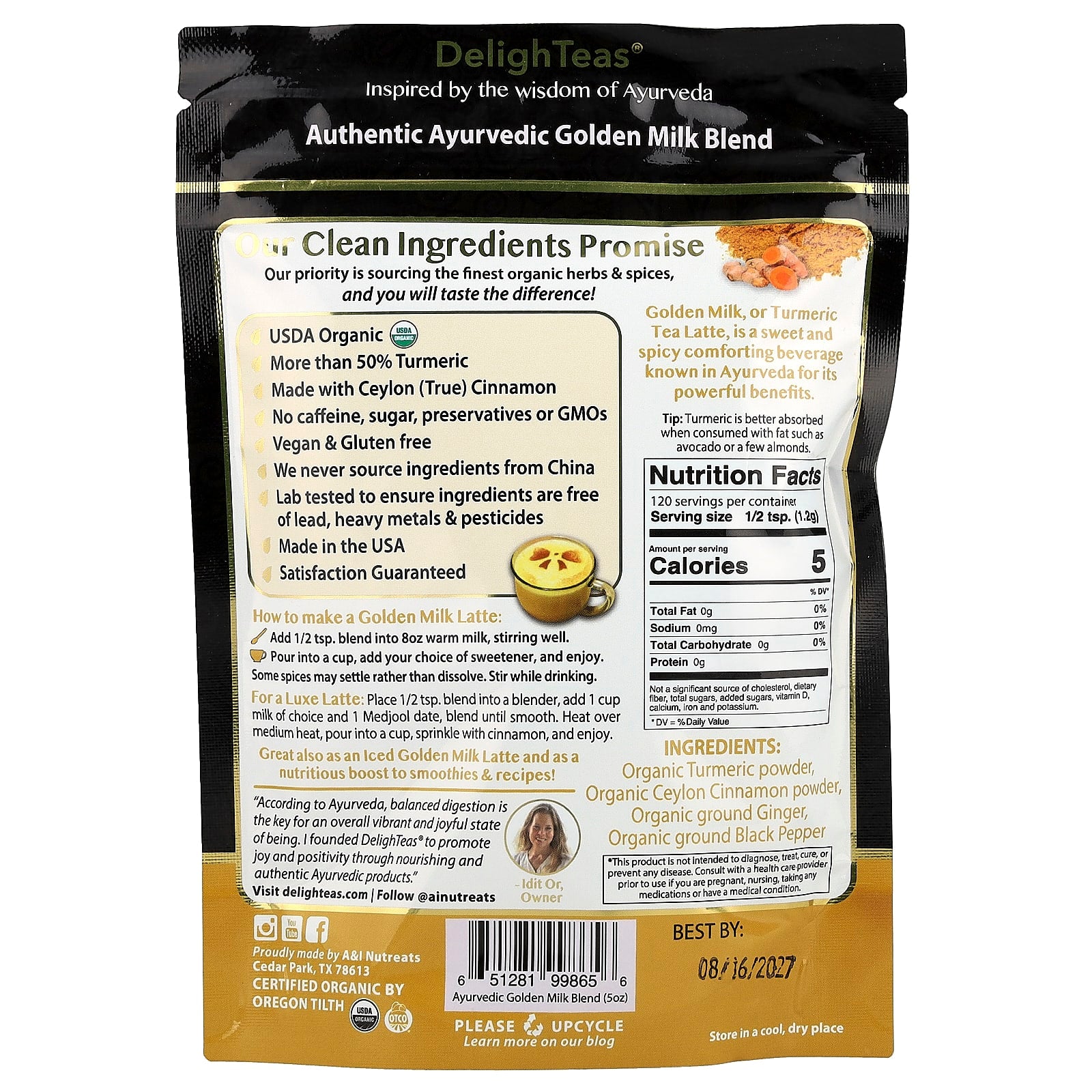 DelighTeas, Ayurvedic Golden Milk Blend, Turmeric Tea Latte, Caffeine Free, 5 oz (140 g)