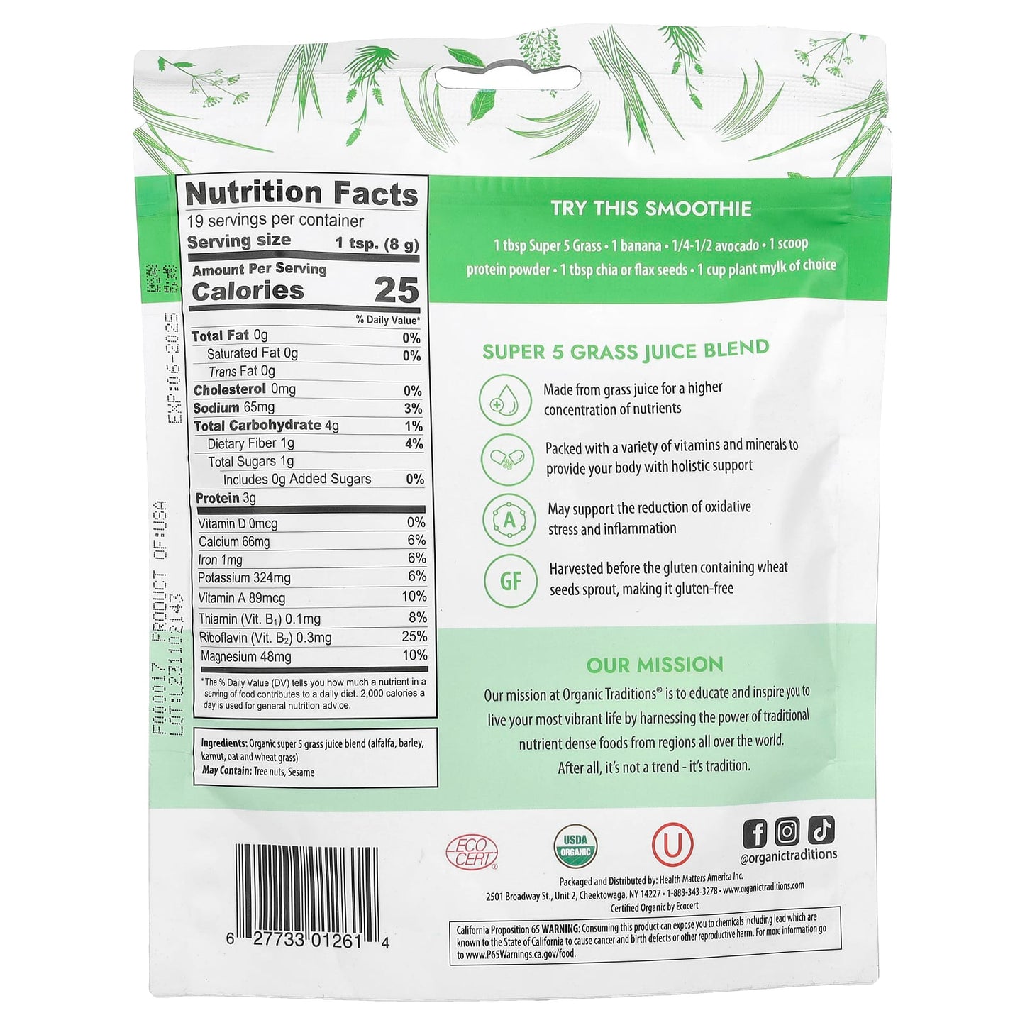 Organic Traditions, Super 5 Grass Juice Blend, 5.3 oz (150 g) - Image 2