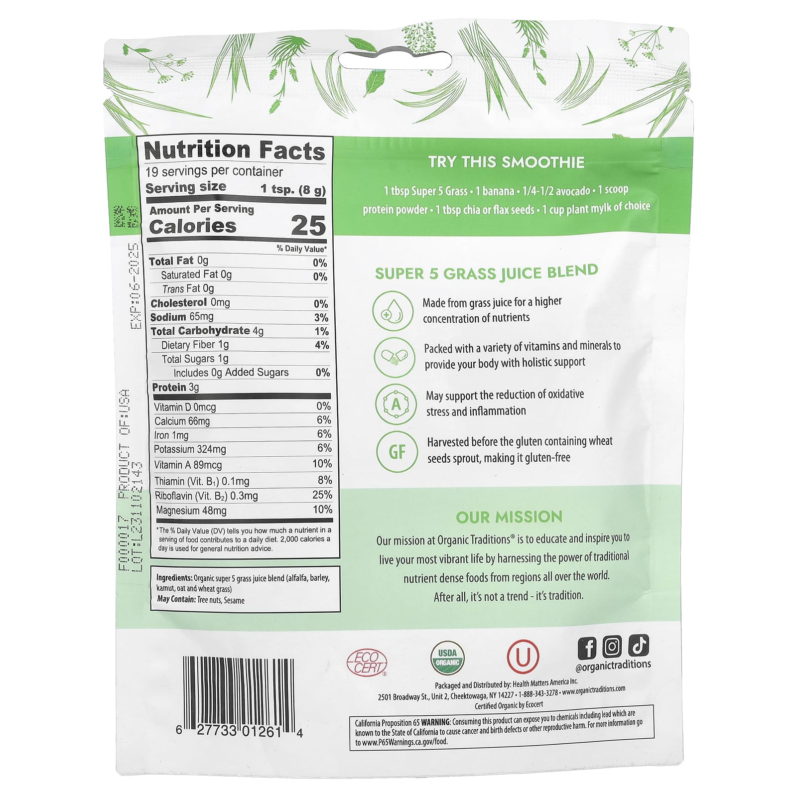 Organic Traditions, Super 5 Grass Juice Blend, 5.3 oz (150 g) - Image 2