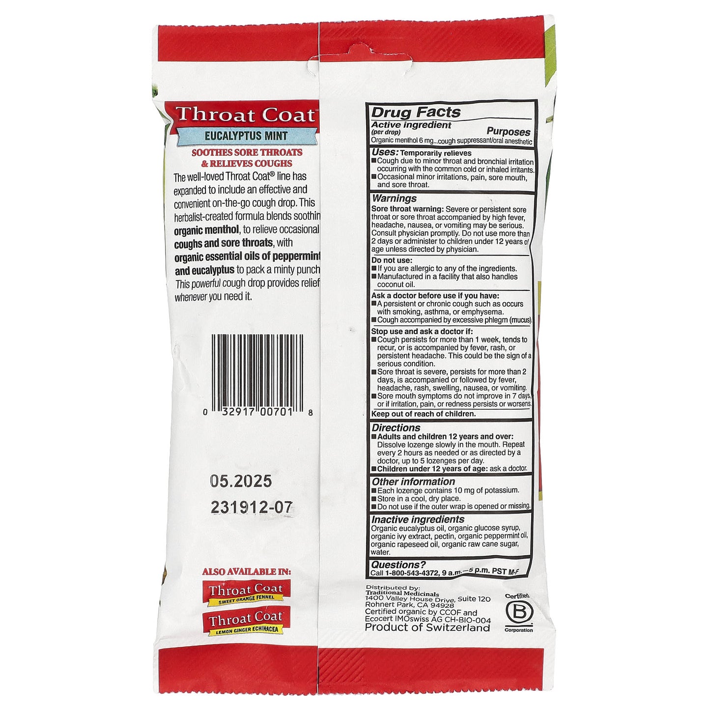 Traditional Medicinals, Organic Throat Coat® Drops, Eucalyptus Mint, 16 Menthol Cough Drops - Image 2