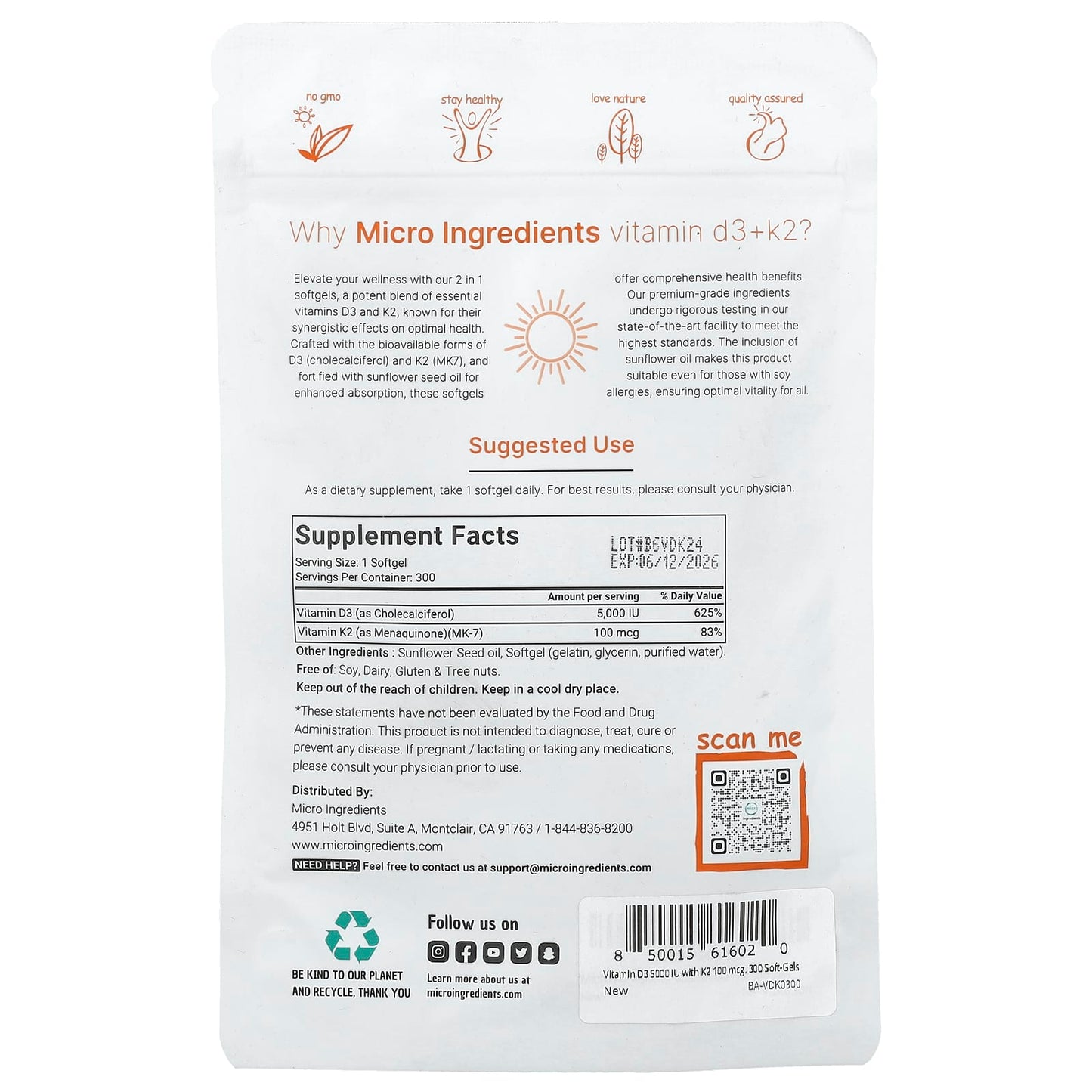 Micro Ingredients, Vitamin D3 + K2, 300 Softgels - Image 2