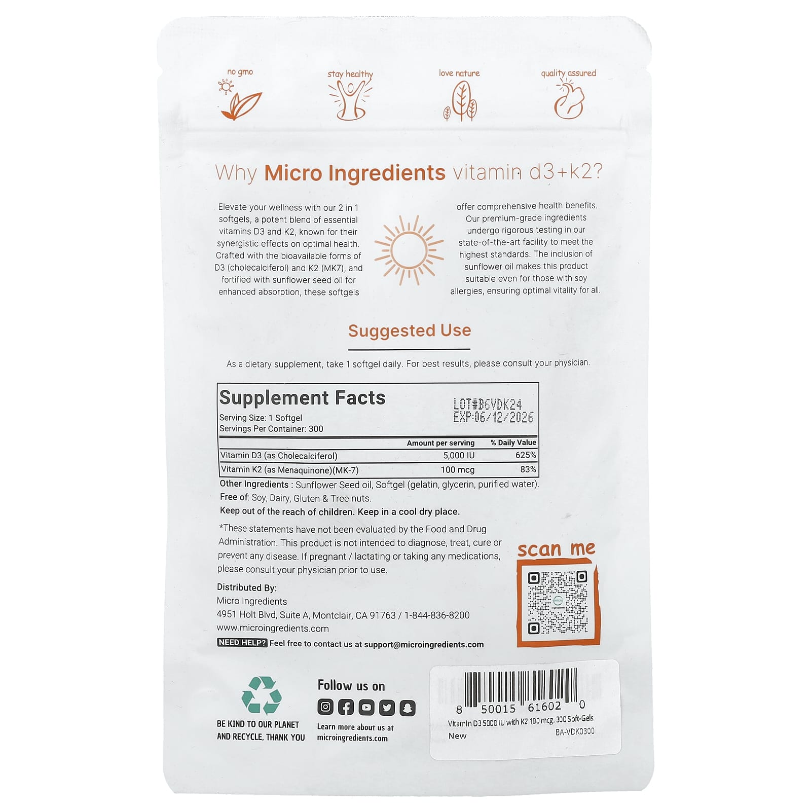 Micro Ingredients, Vitamin D3 + K2, 300 Softgels - Image 2