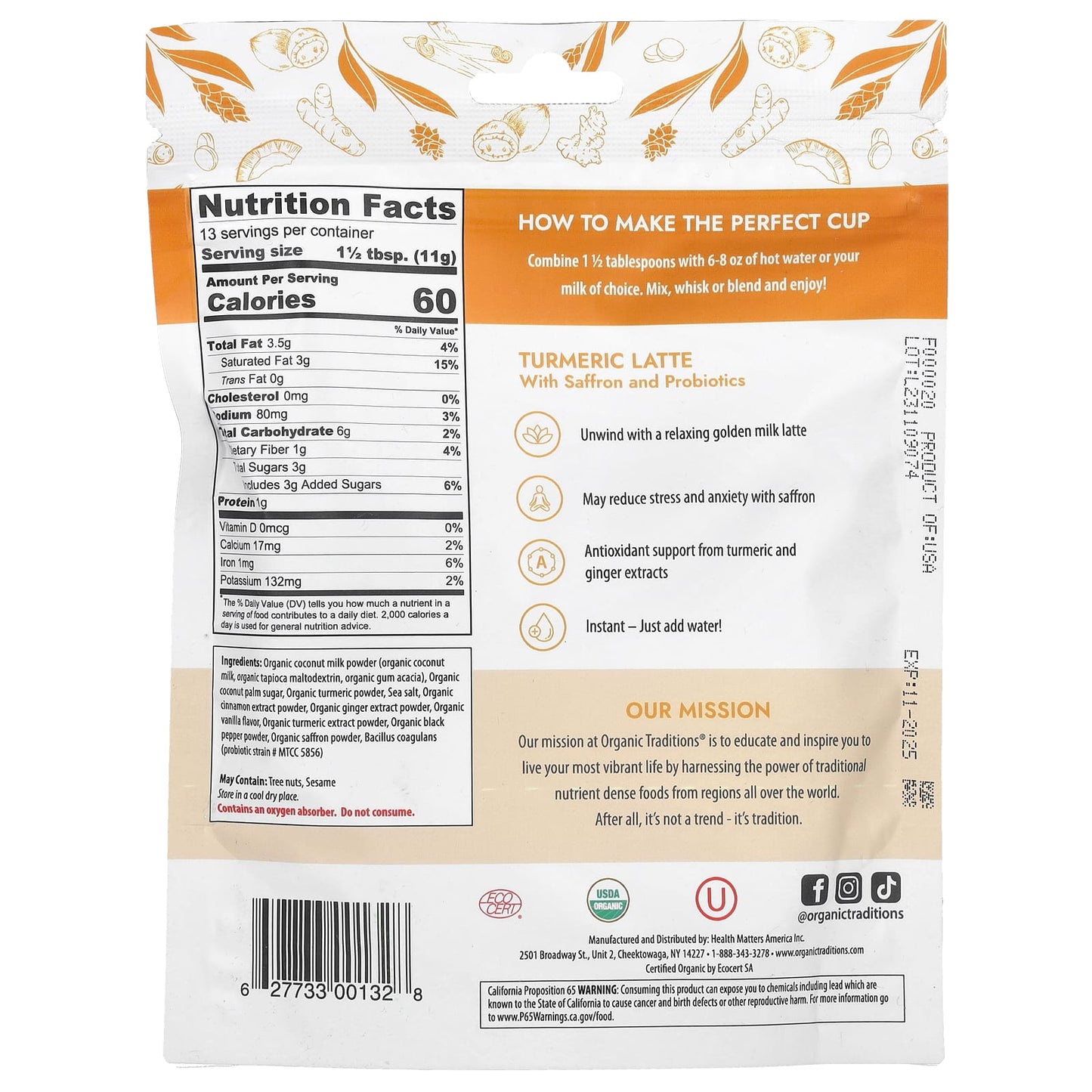 Organic Traditions, Turmeric Latte with Saffron and Probiotics, 5.3 oz (150 g) - Image 2