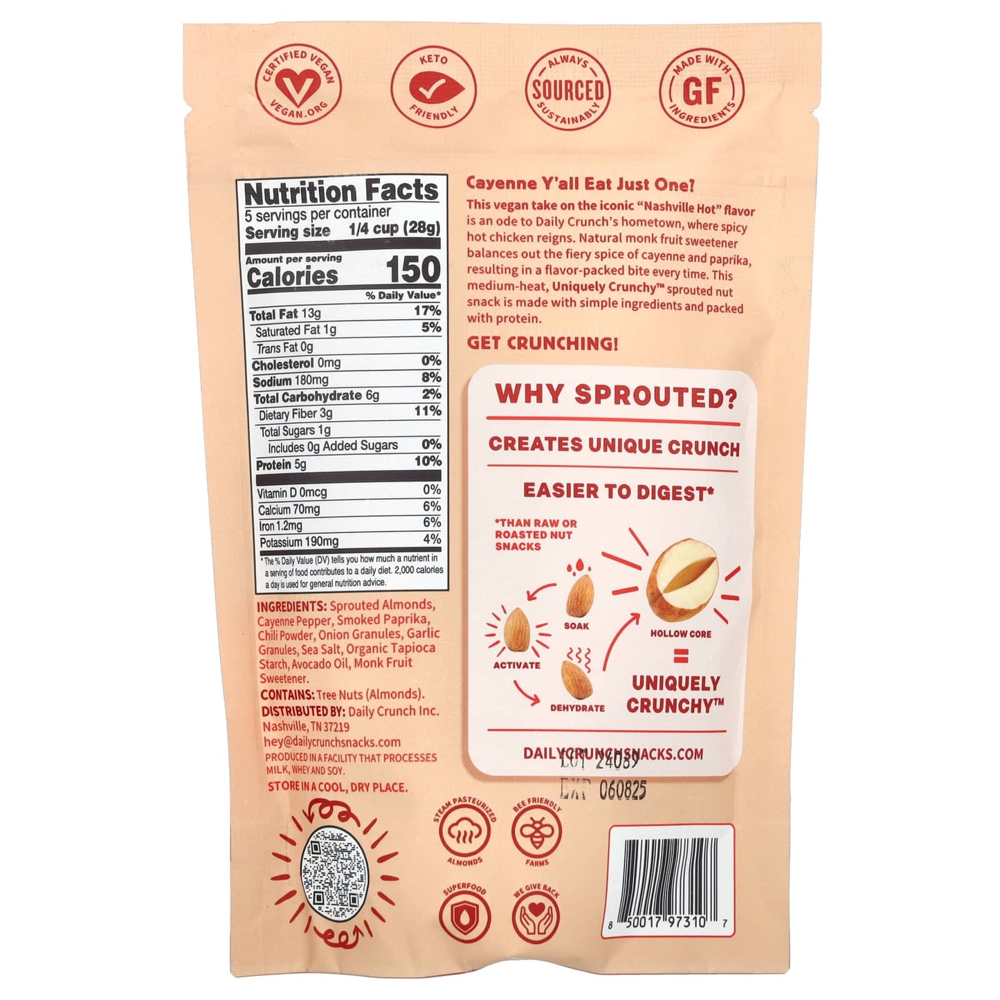 Daily Crunch, Sprouted Almonds, Nashville Hot, 5 oz (141 g)