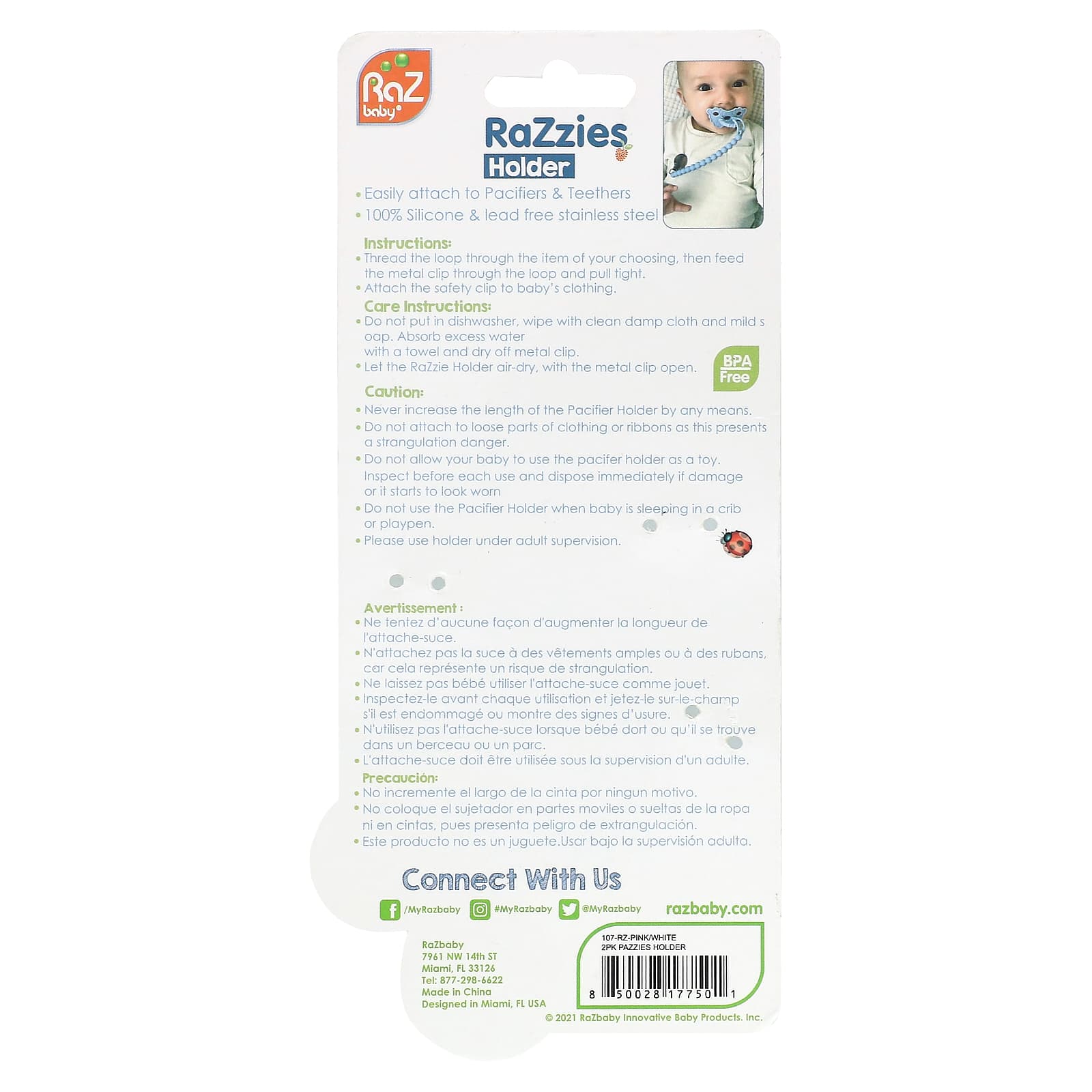 RaZbaby, RaZzies Pacifier Holder, 0m+, Pink/Beige, 2 Holders - Image 2