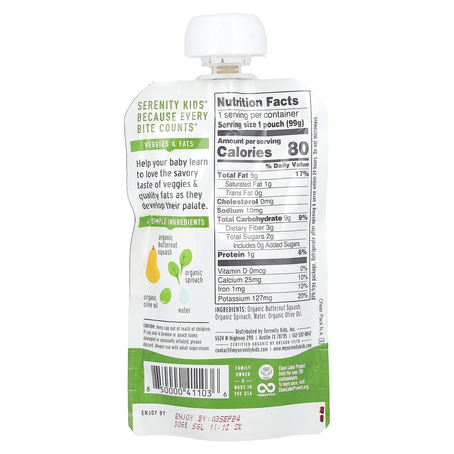 Serenity Kids, Organic Butternut Squash & Spinach with Olive Oil, 6+ Months, 3.5 oz (99 g) - Image 2