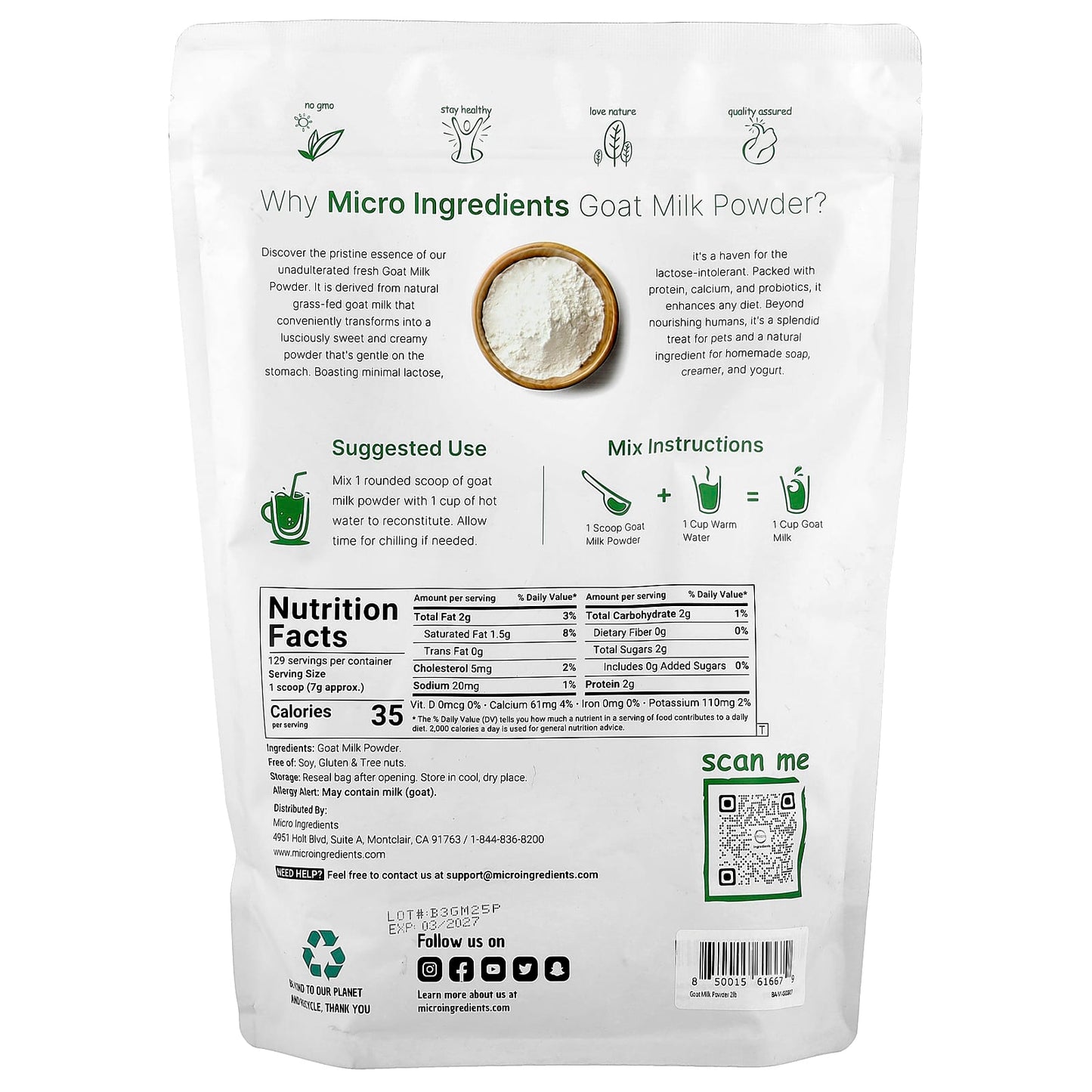 Micro Ingredients, Goat Milk Powder, 2 lb (907 g) - Image 2