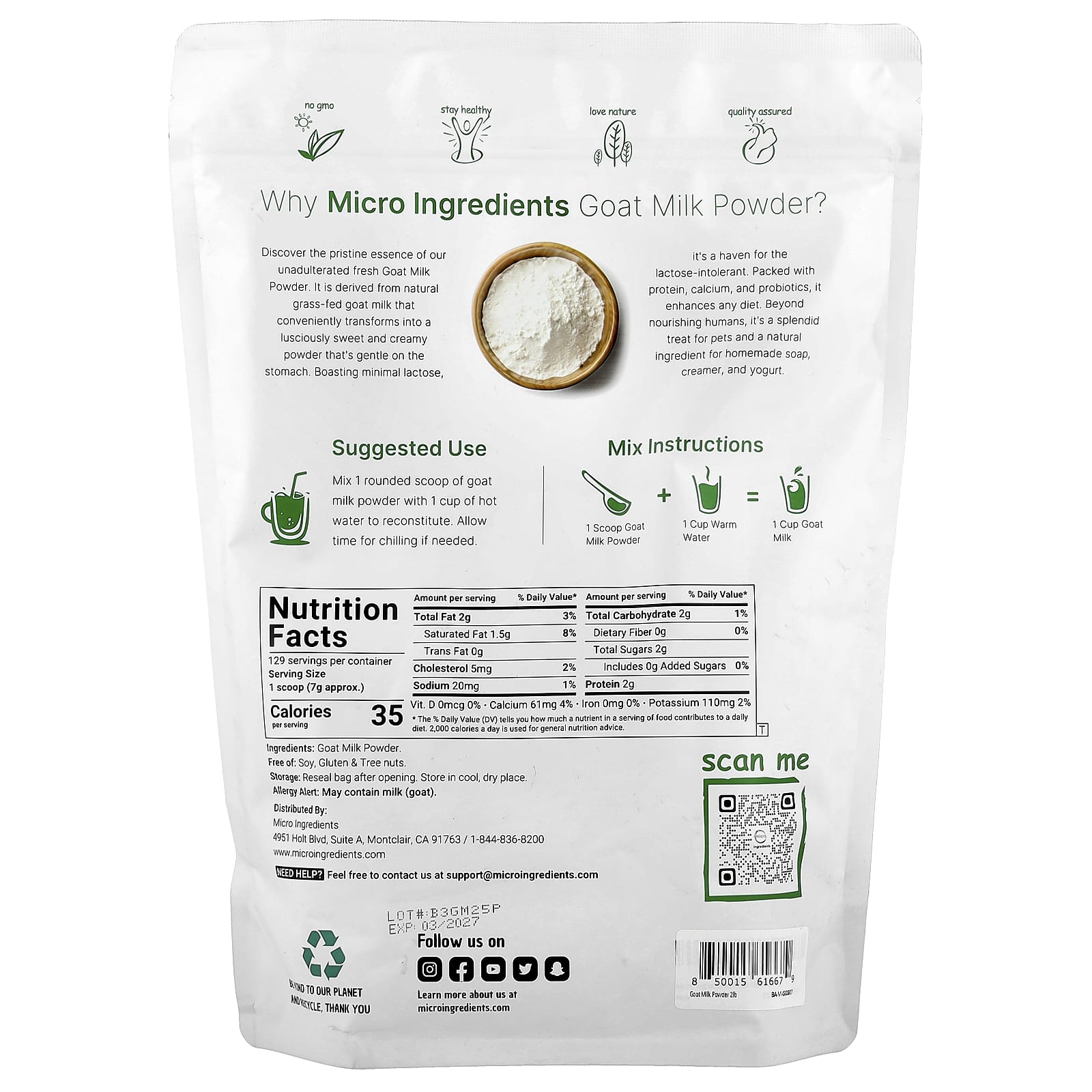 Micro Ingredients, Goat Milk Powder, 2 lb (907 g) - Image 2