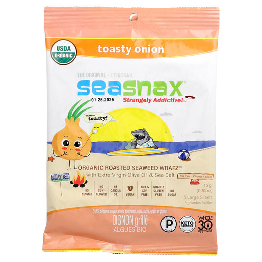 SeaSnax, Organic Roasted Seaweed Wrapz with Extra Virgin Olive Oil & Sea Salt, Toasty Onion, 5 Large Sheets, 0.54 oz (15 g) - Image 1