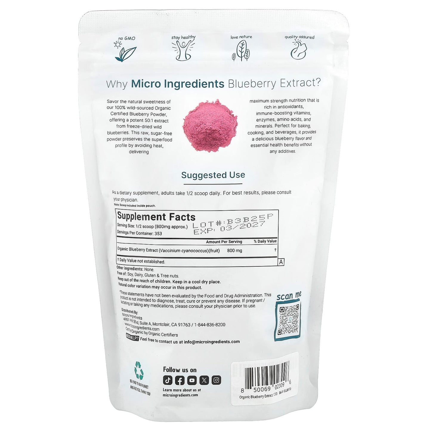 Micro Ingredients, Organic Blueberry Extract, Freeze-Dried , 10 oz (283 g) - Image 2
