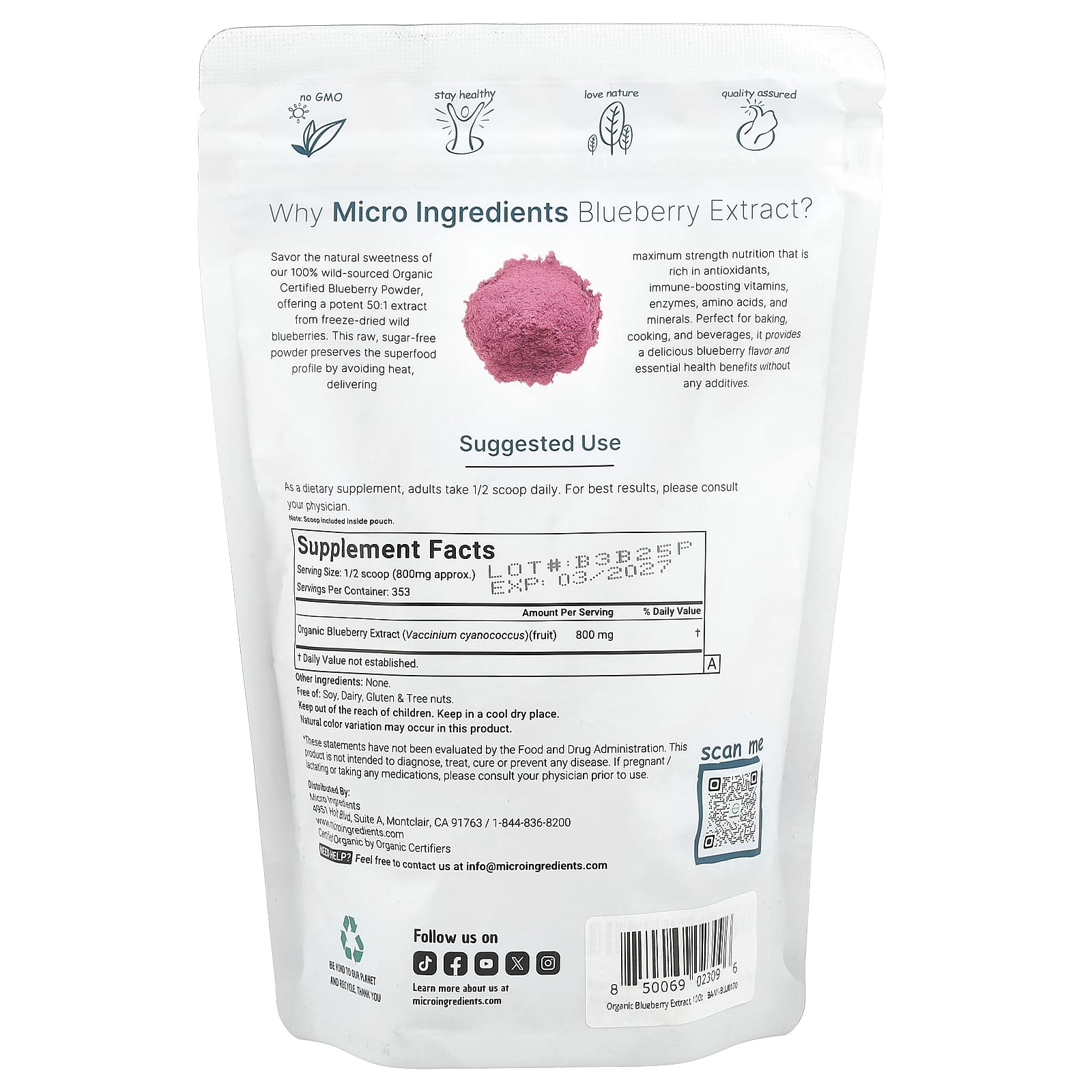 Micro Ingredients, Organic Blueberry Extract, Freeze-Dried , 10 oz (283 g) - Image 2