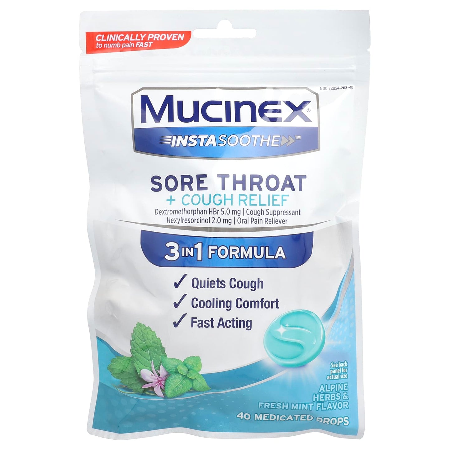 Mucinex, InstaSoothe™, Sore Throat + Cough Relief, Alpine Herbs & Fresh Mint, 40 Medicated Drops - Image 1