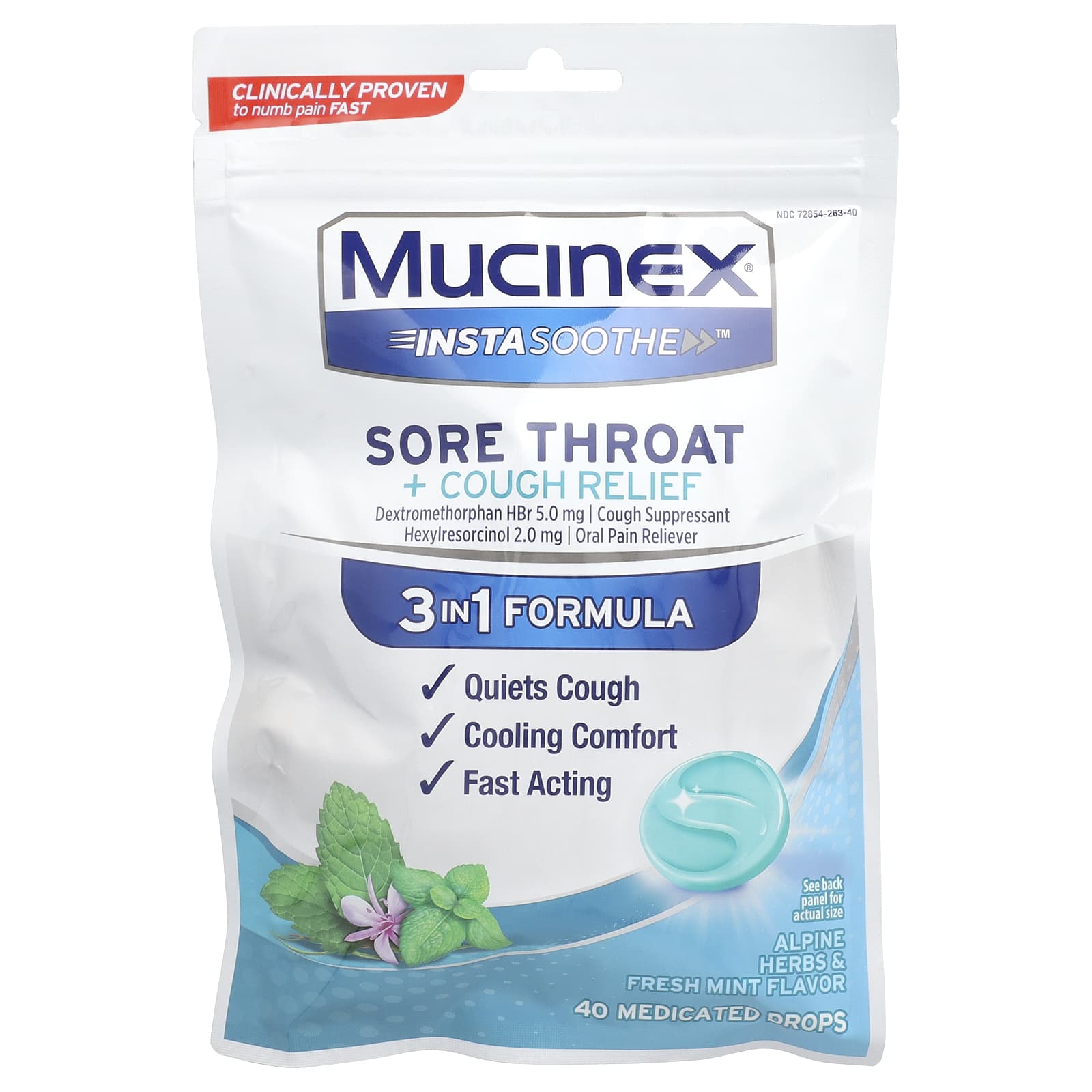 Mucinex, InstaSoothe™, Sore Throat + Cough Relief, Alpine Herbs & Fresh Mint, 40 Medicated Drops - Image 1