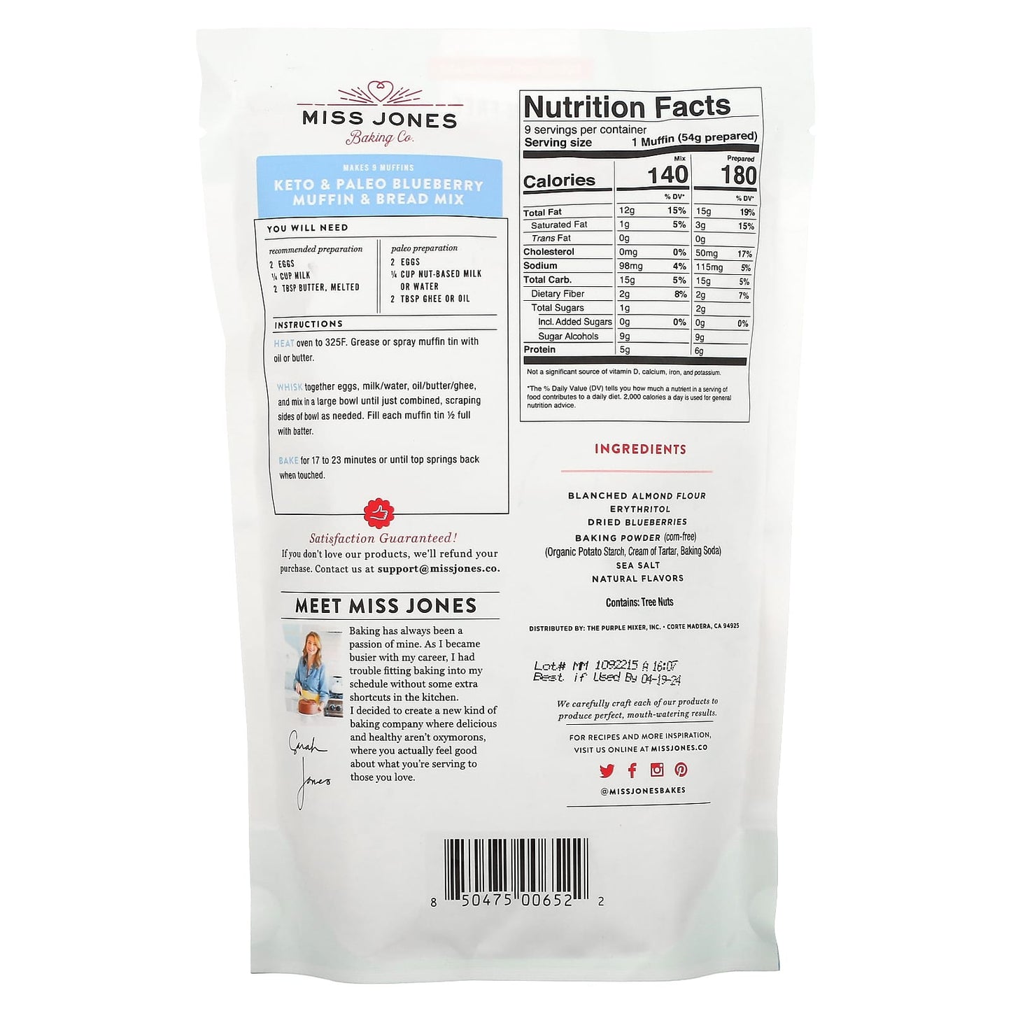 Miss Jones Baking Co, Keto & Paleo Blueberry Muffin & Bread Mix, 10.57 oz (300 g) - Image 2