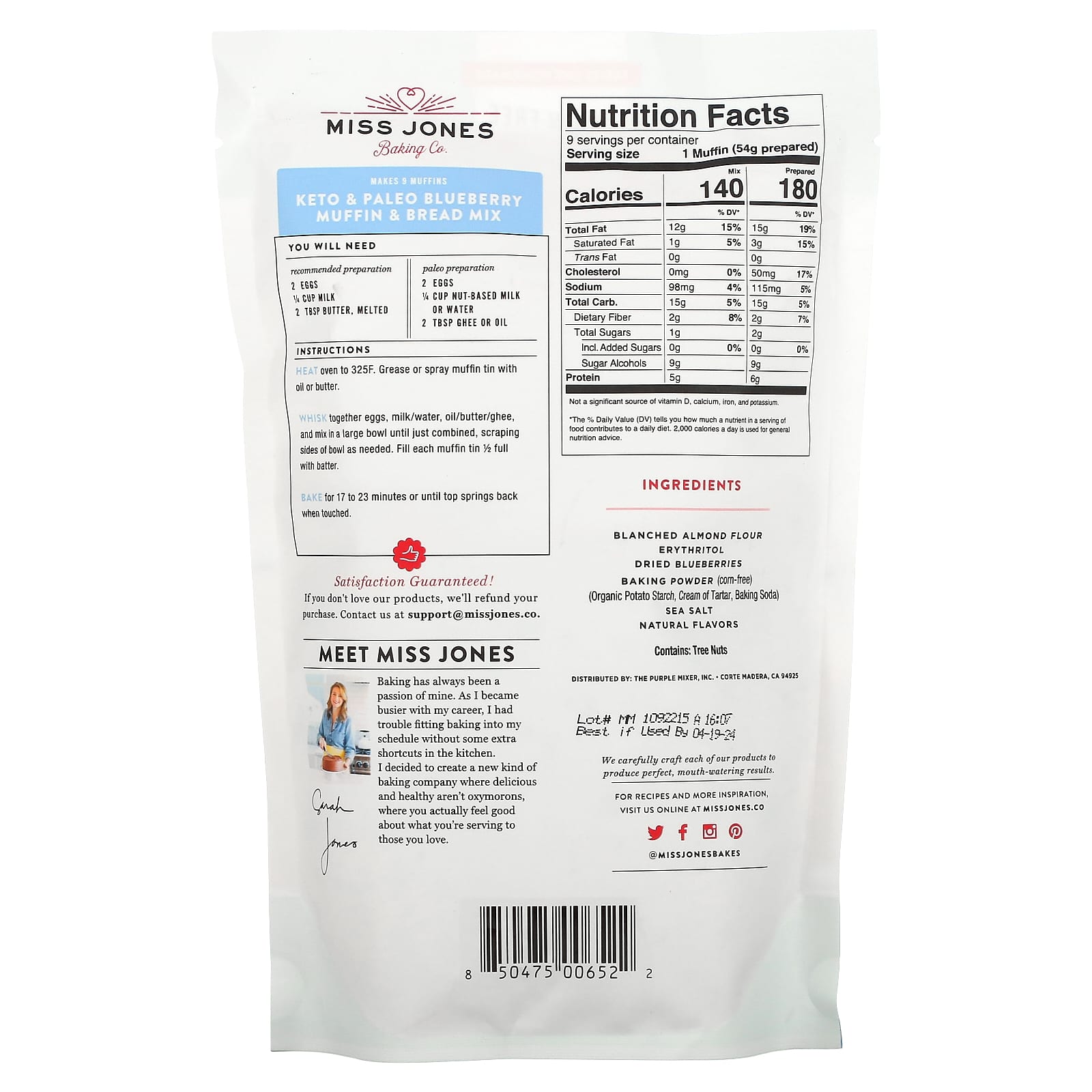 Miss Jones Baking Co, Keto & Paleo Blueberry Muffin & Bread Mix, 10.57 oz (300 g) - Image 2