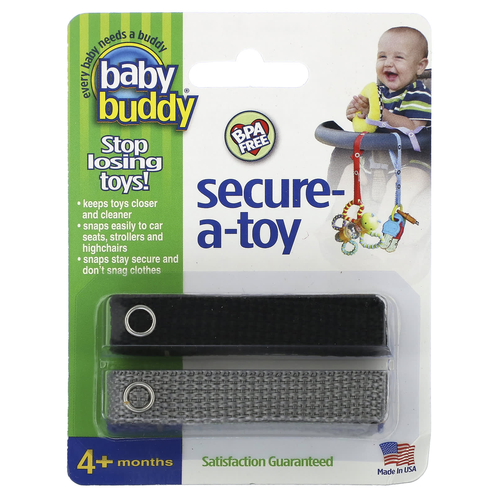 Baby Buddy Secure-A-Toy: Keeps Toys Safe & Clean (Black/Gray, 2 Straps) - Image 1