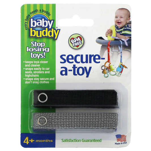 Baby Buddy Secure-A-Toy: Keeps Toys Safe & Clean (Black/Gray, 2 Straps) - Image 1