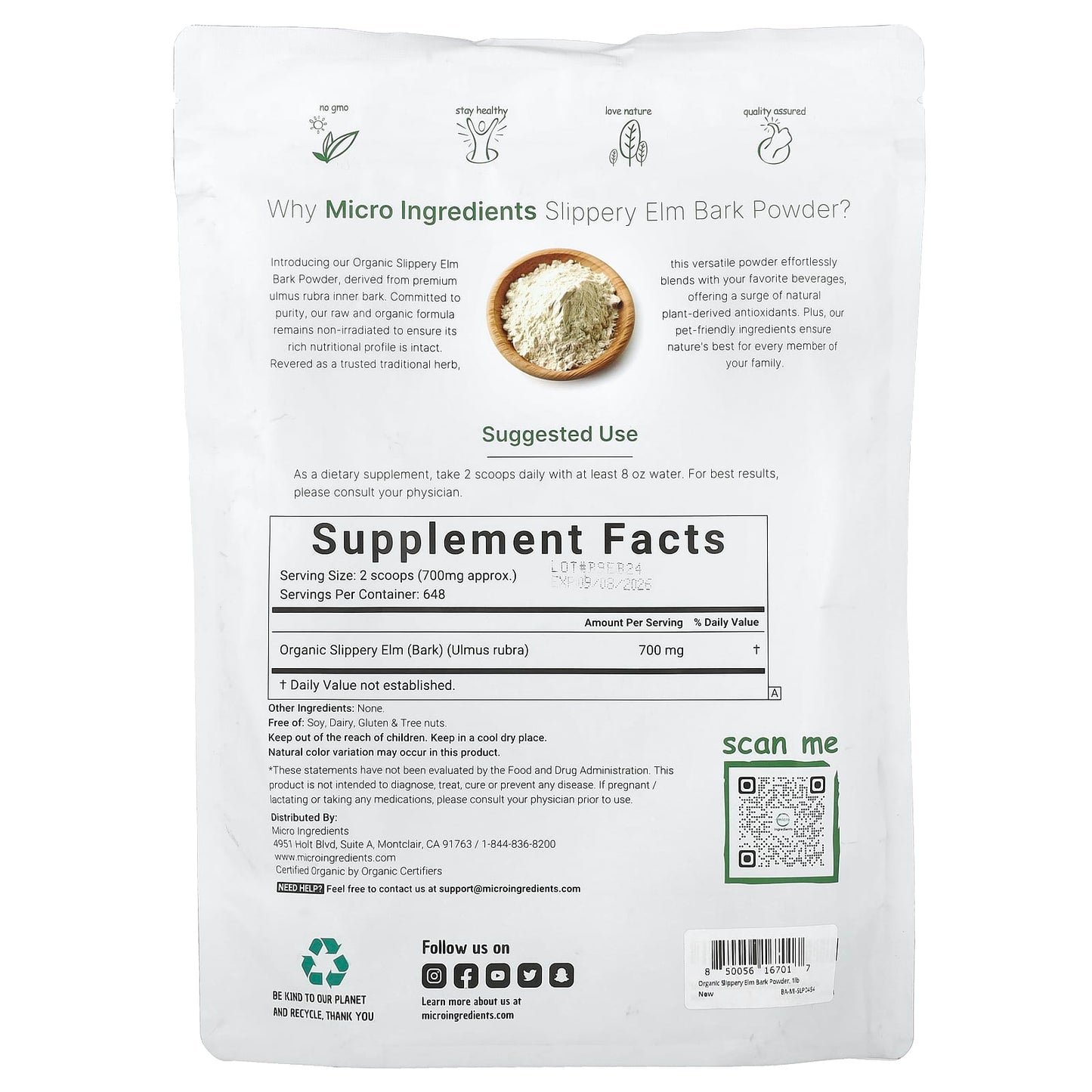Micro Ingredients, Organic Slippery Elm Bark Powder , 1 lb (454 g)