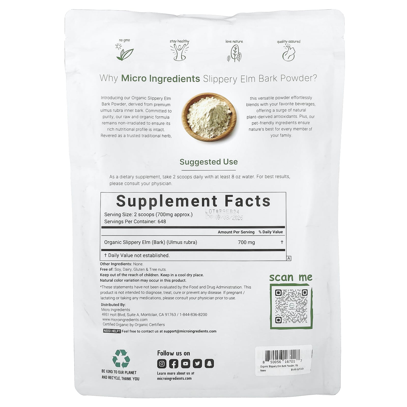 Micro Ingredients, Organic Slippery Elm Bark Powder , 1 lb (454 g)