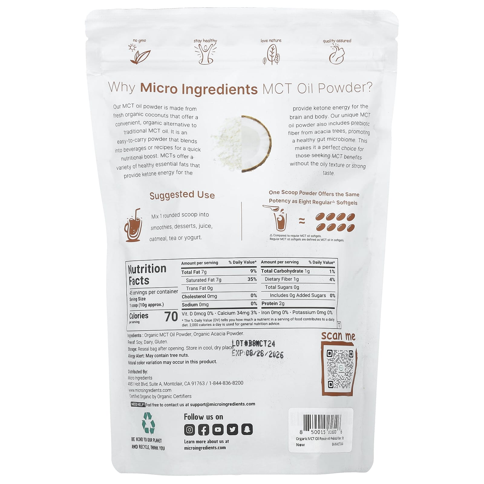 Micro Ingredients, Organic MCT Oil Powder With Prebiotic Fiber, 1 lb (454 g) - Image 2