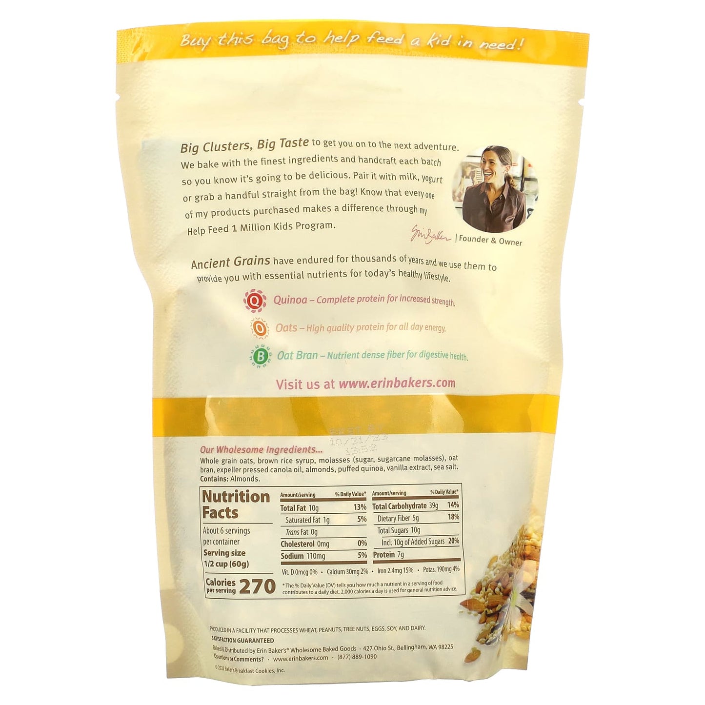 Erin Baker's Ancient Grain Granola with Quinoa &amp; Vanilla, 12 oz - Whole Grain Snack - Image 2