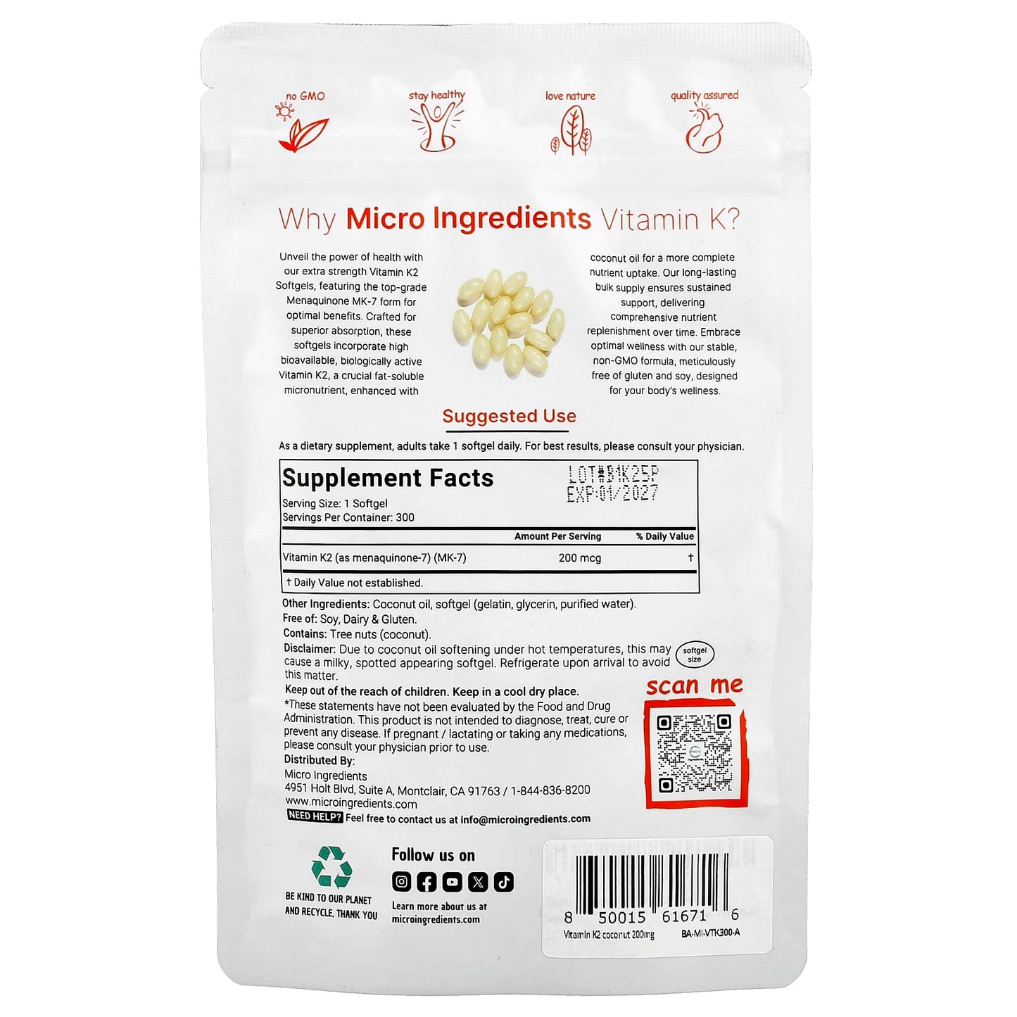 Micro Ingredients, Vitamin K2, MK-7, 200 mcg, 300 Softgels - Image 2