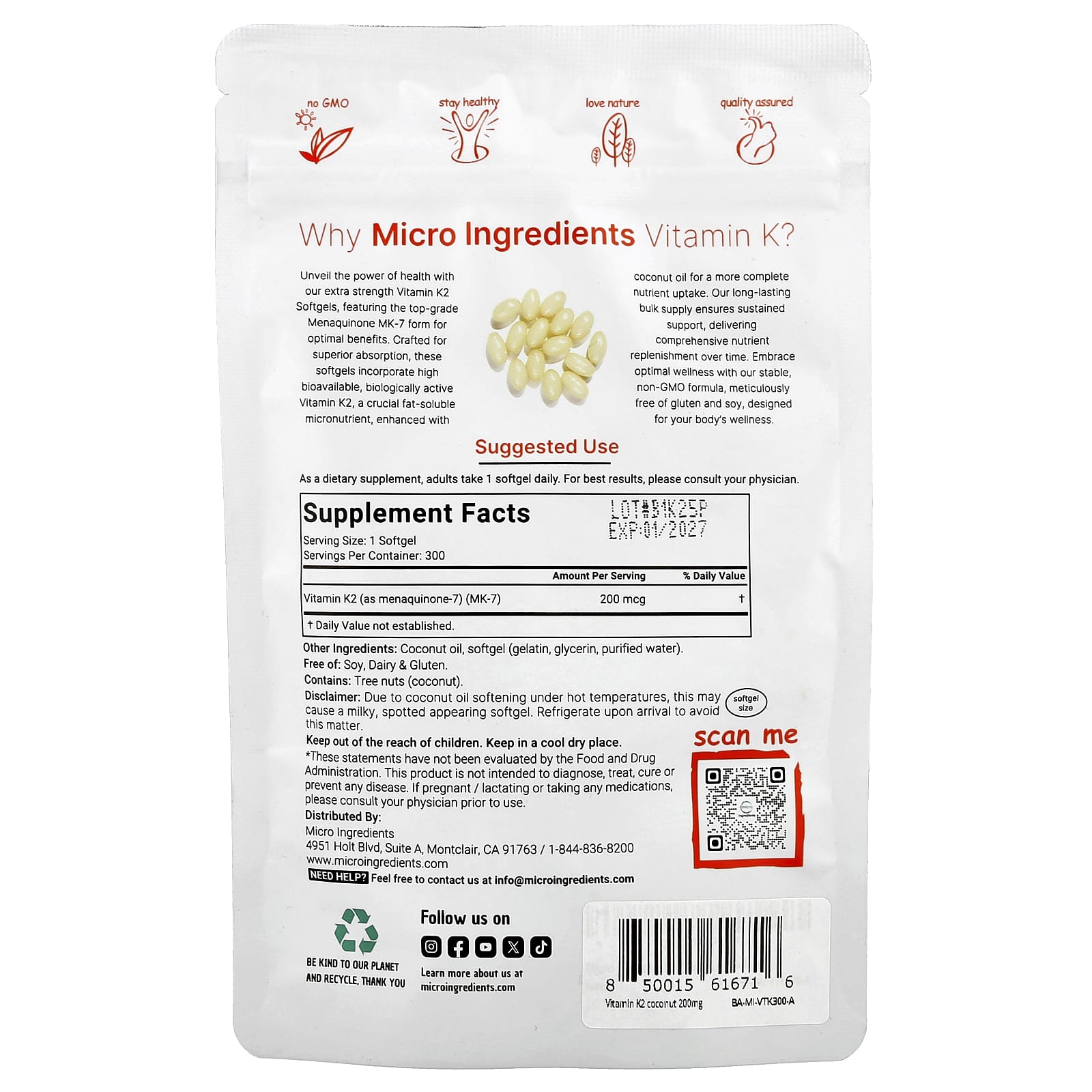 Micro Ingredients, Vitamin K2, MK-7, 200 mcg, 300 Softgels - Image 2