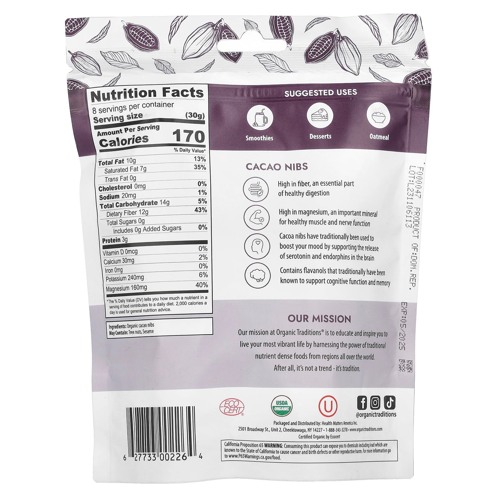 Organic Traditions, Cacao Nibs, Unsweetened, 8 oz (227 g) - Image 2