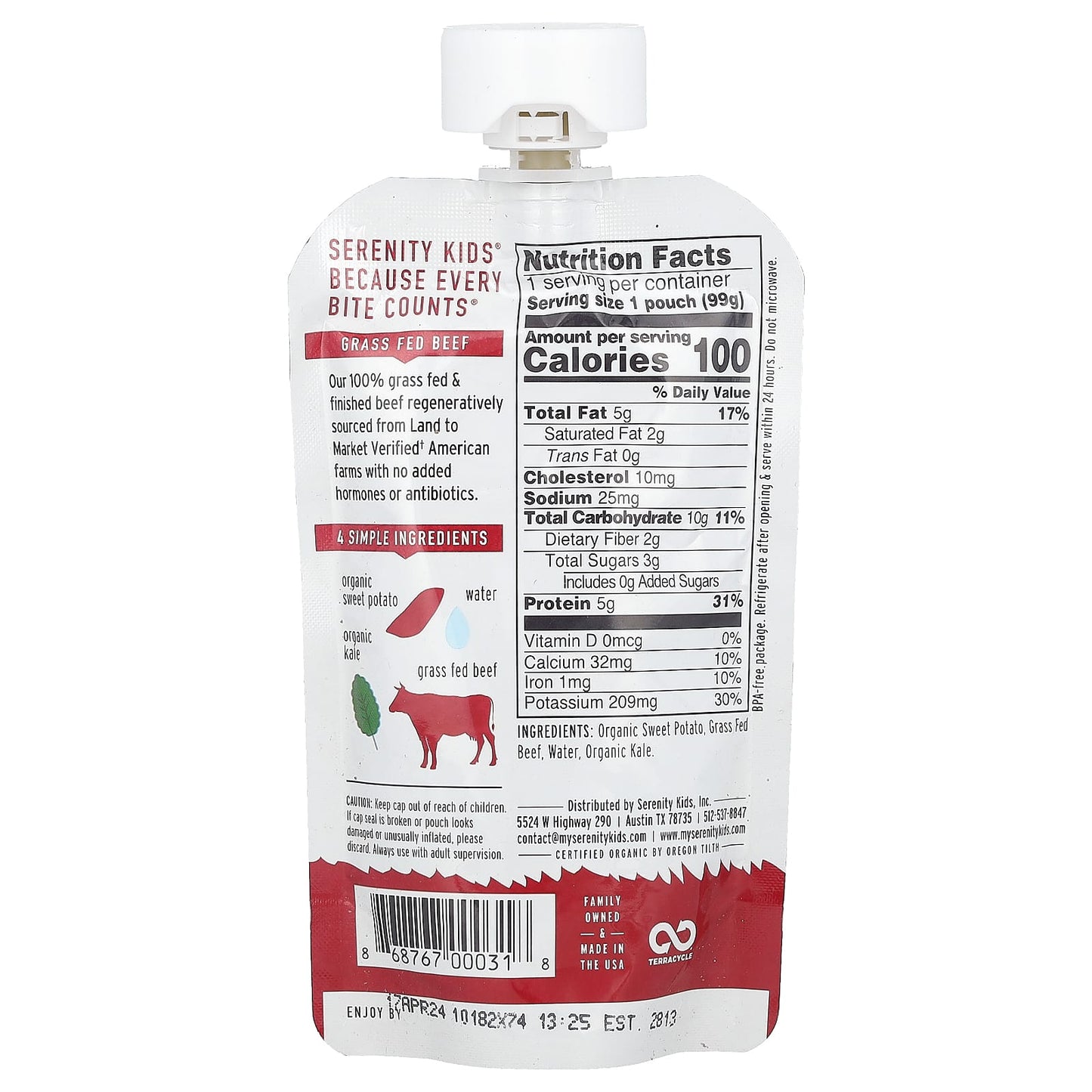 Serenity Kids, Beef with Organic Kale & Sweet Potato, 6+ Months, 3.5 oz (99 g) - Image 2