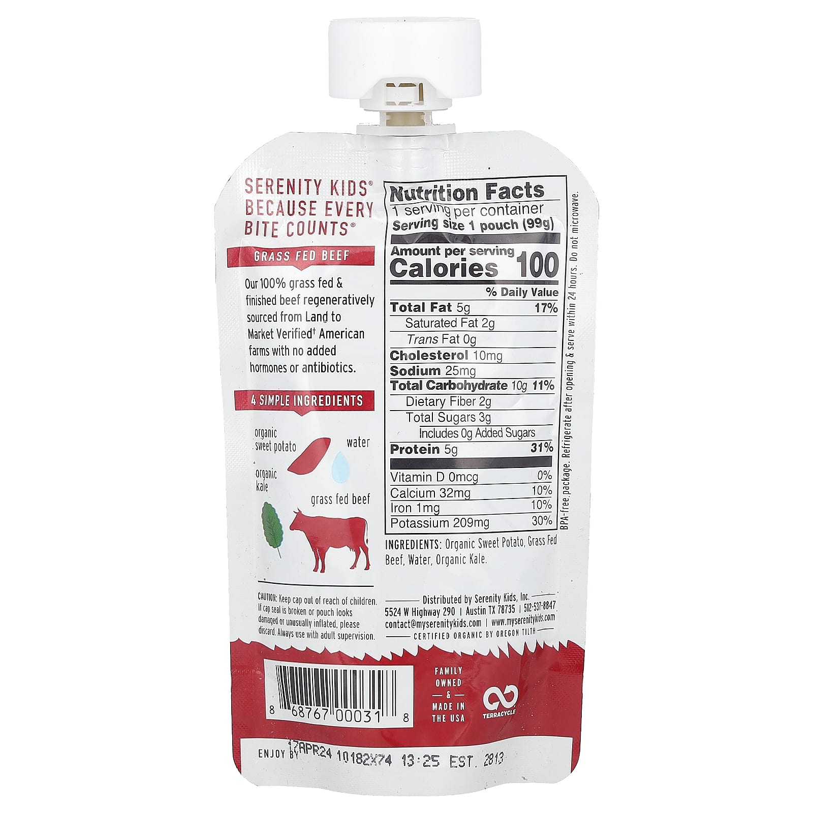 Serenity Kids, Beef with Organic Kale & Sweet Potato, 6+ Months, 3.5 oz (99 g) - Image 2