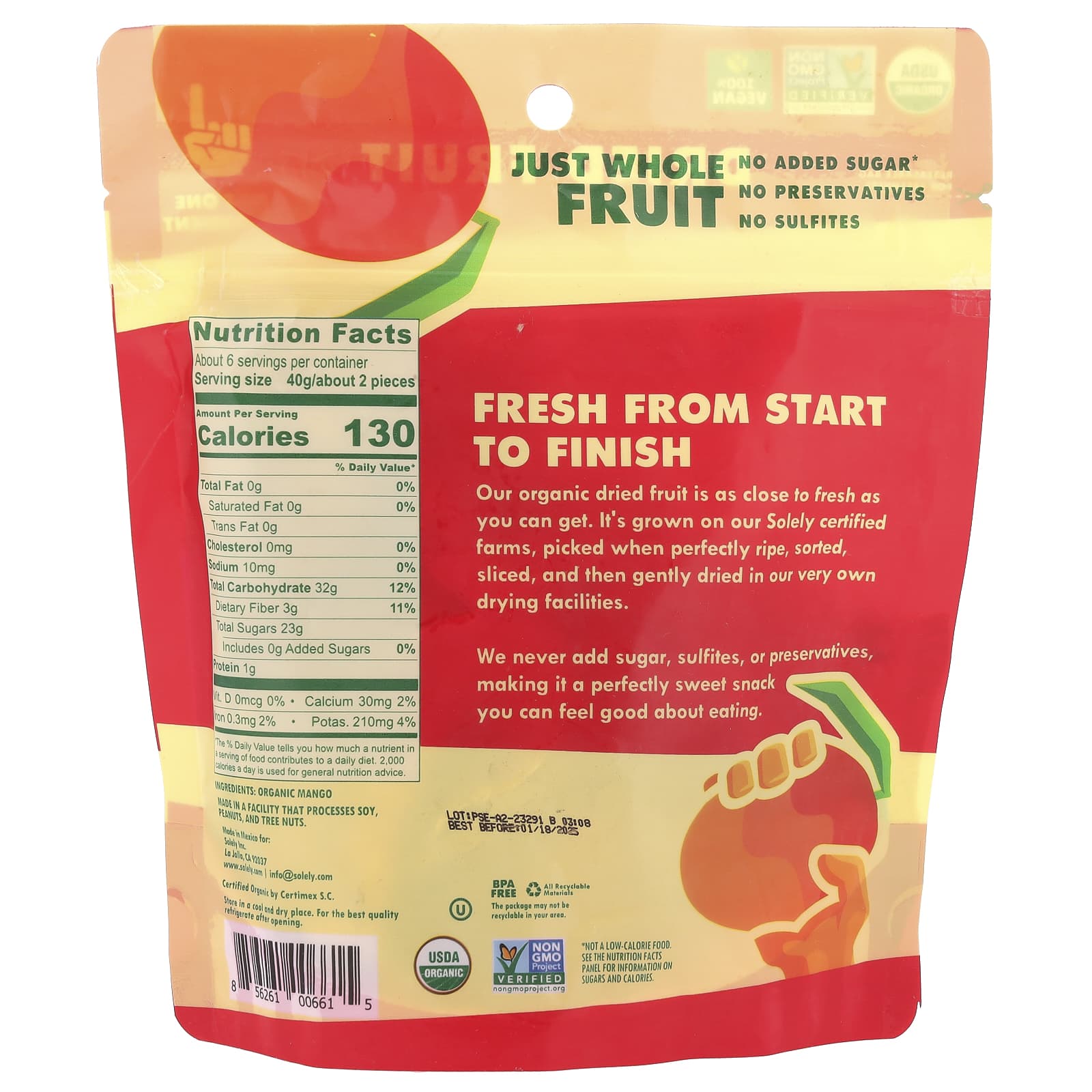 Solely, Organic Dried Fruit, Mango Halves, 8 oz (227 g) - Image 2