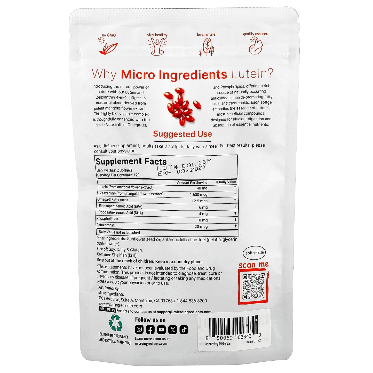 Micro Ingredients, Lutein with Zeaxanthin, 240 Softgels - Image 2