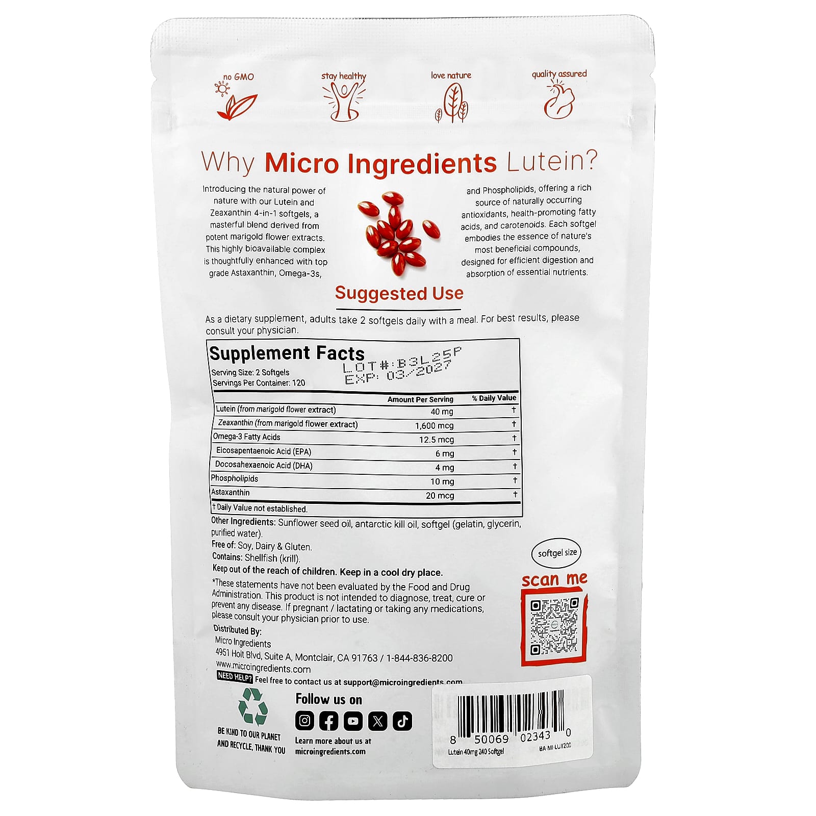 Micro Ingredients, Lutein with Zeaxanthin, 240 Softgels - Image 2
