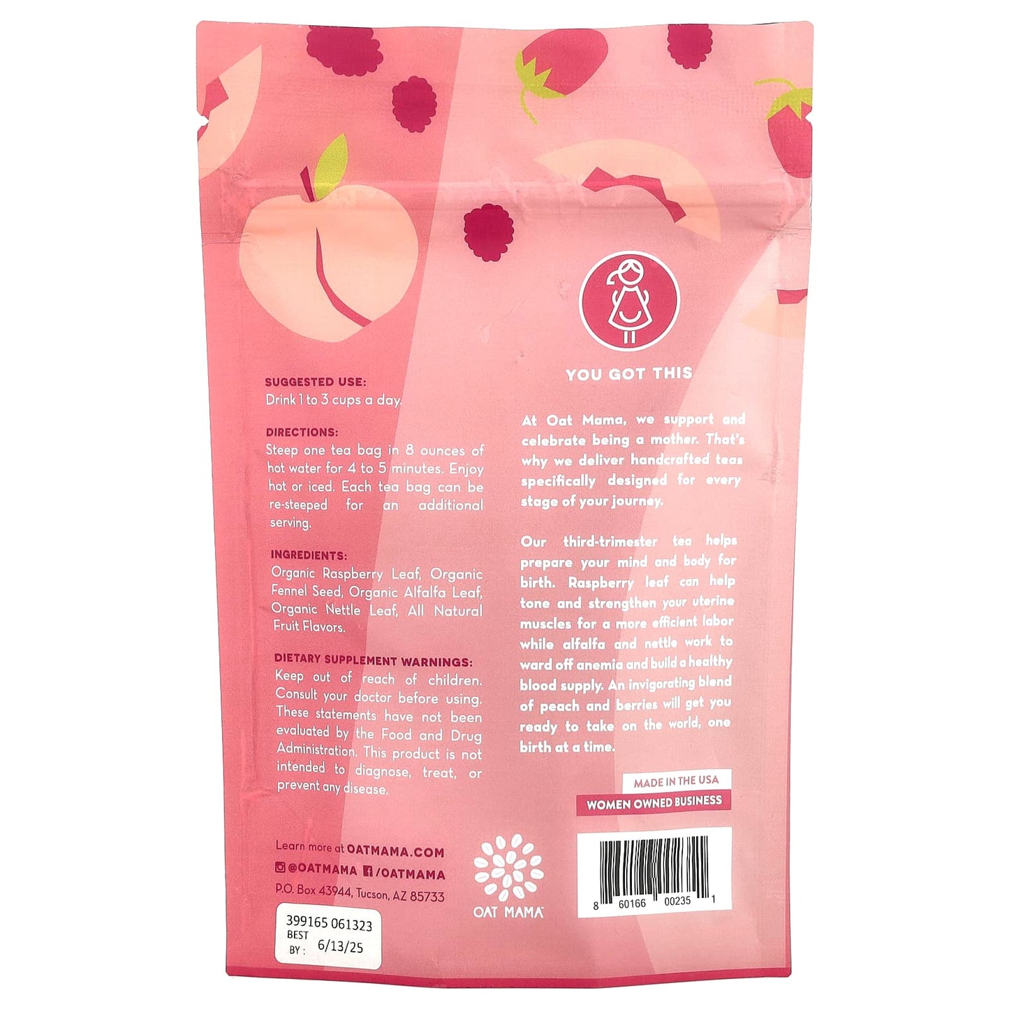 Oat Mama, Labor Prep Tea, Peach Berry, Caffeine Free, 14 Tea Bags, 32 g - Image 2