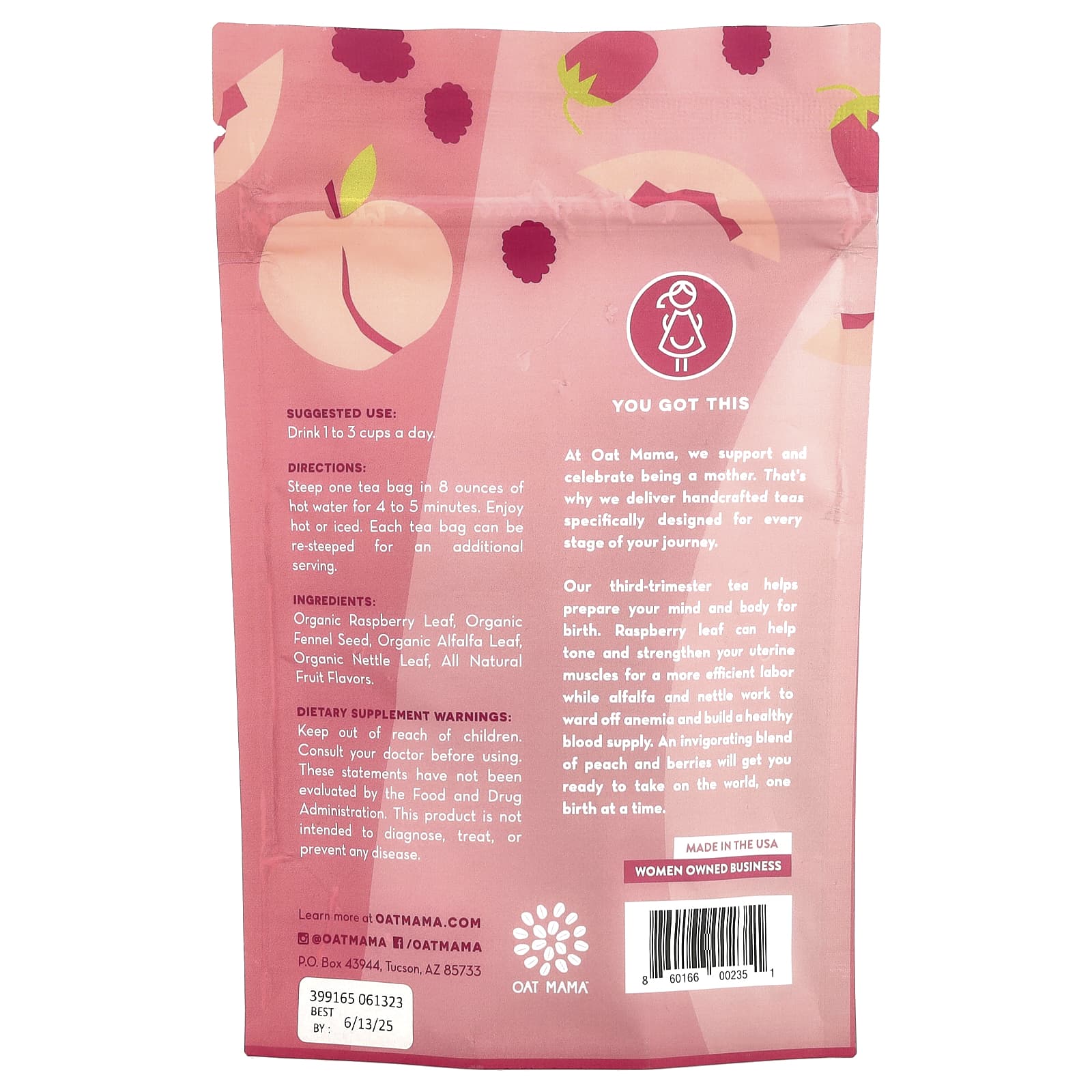 Oat Mama, Labor Prep Tea, Peach Berry, Caffeine Free, 14 Tea Bags, 32 g - Image 2