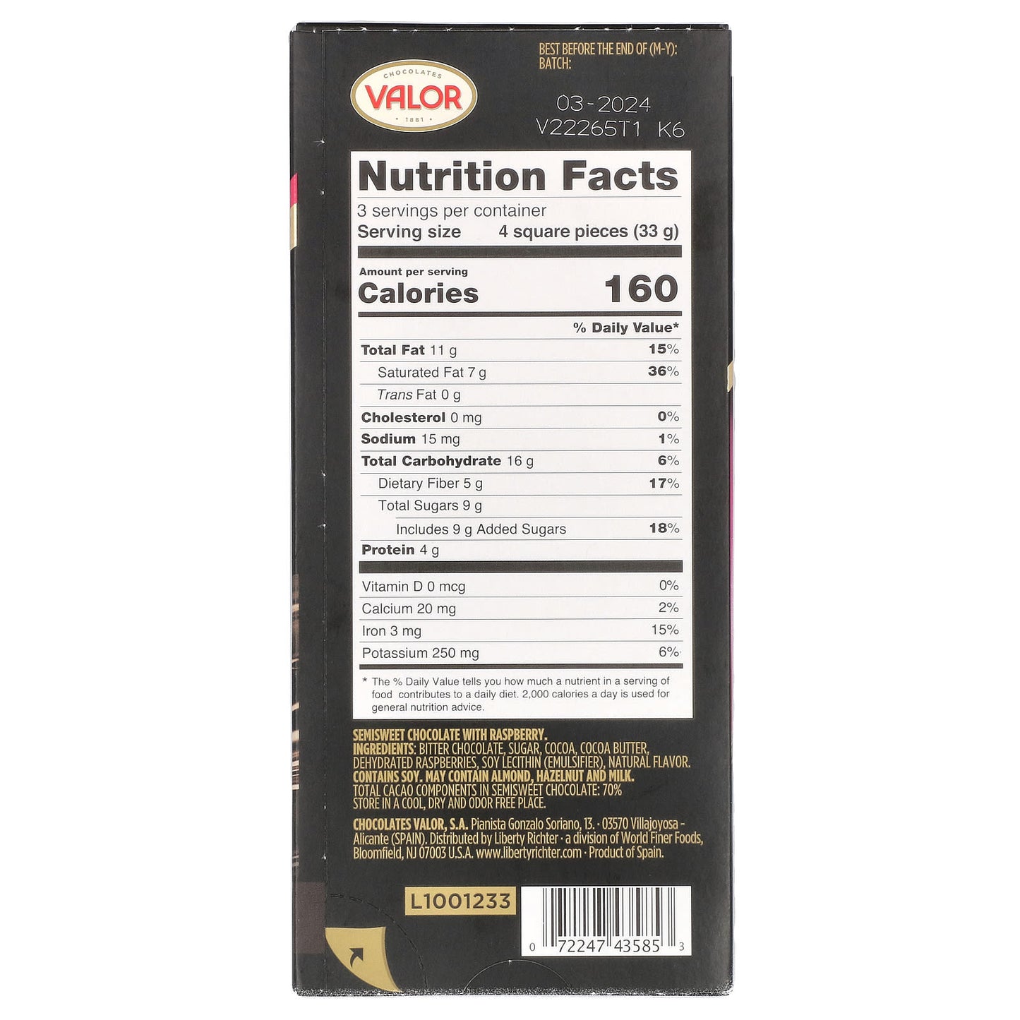 Valor, Dark Chocolate, 70% Cacao with Raspberry, 3.5 oz (100 g) - Image 2