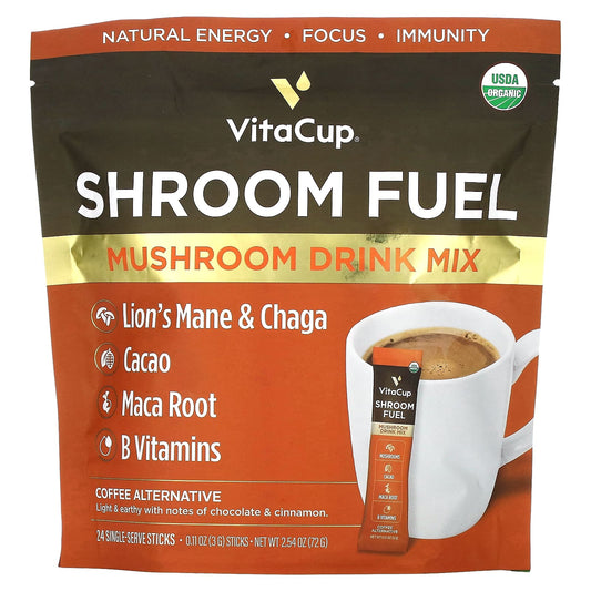 VitaCup, Shroom Fuel, Mushroom Drink Mix, 24 Single-Serve Sticks, 0.11 oz (3 g) Each - Image 1